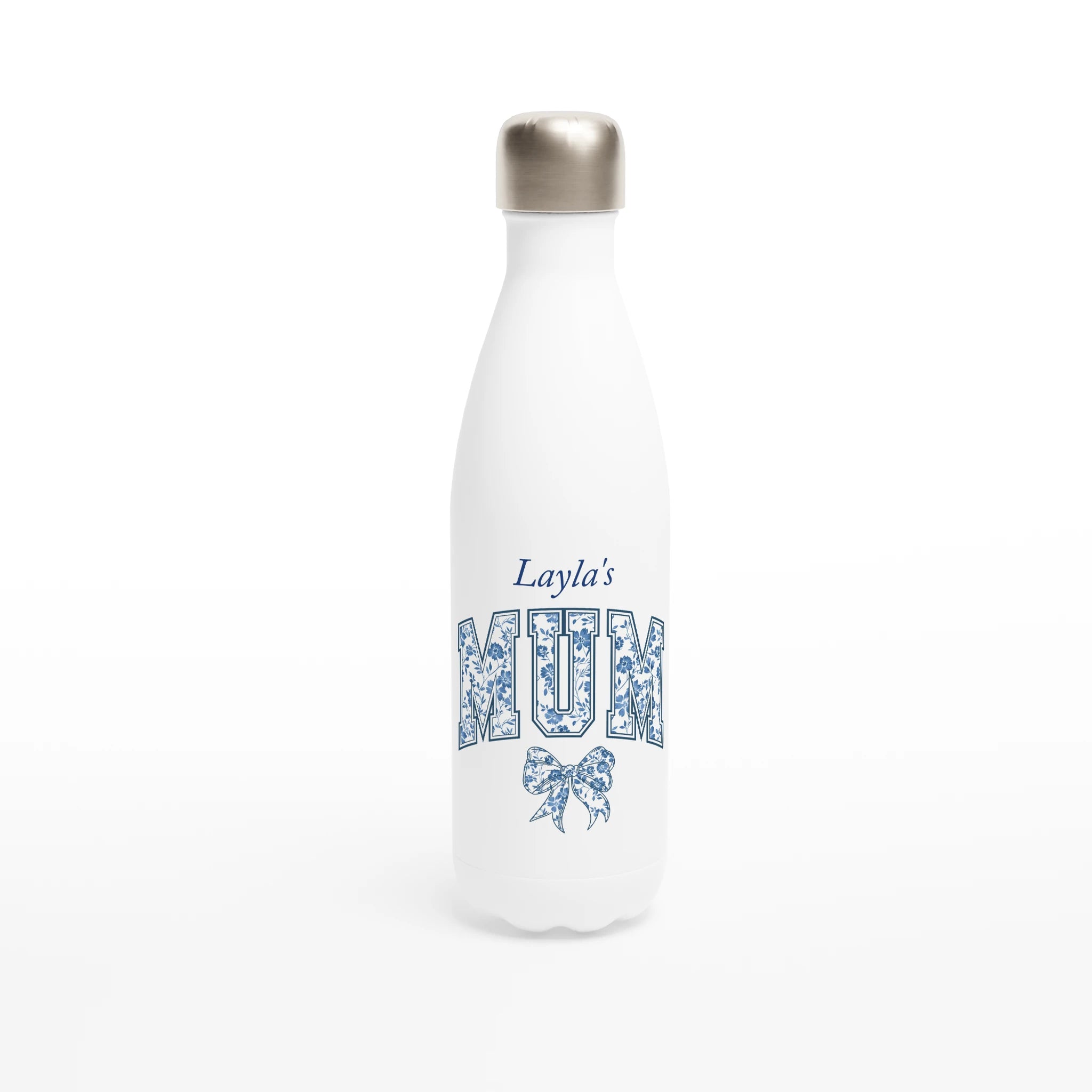 Mum, Blue Floral - White 17oz Stainless Steel Water Bottle Default Title Personalised Water Bottle customise Globally Fulfilled Initial Mum Music Name personalise