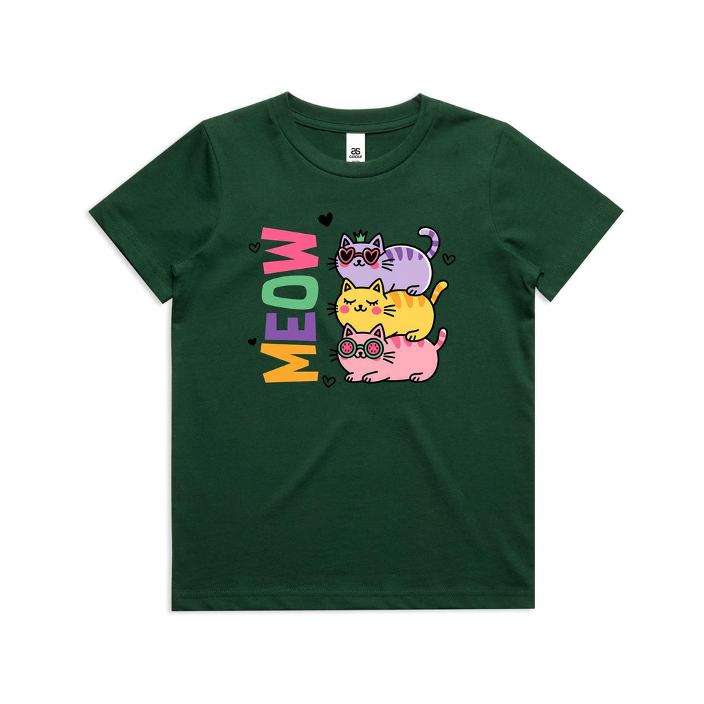 Meow, Colourful Cats Kid's AS Colour T-shirt Forest Green Kids Youth T-shirt animal Printed In Australia