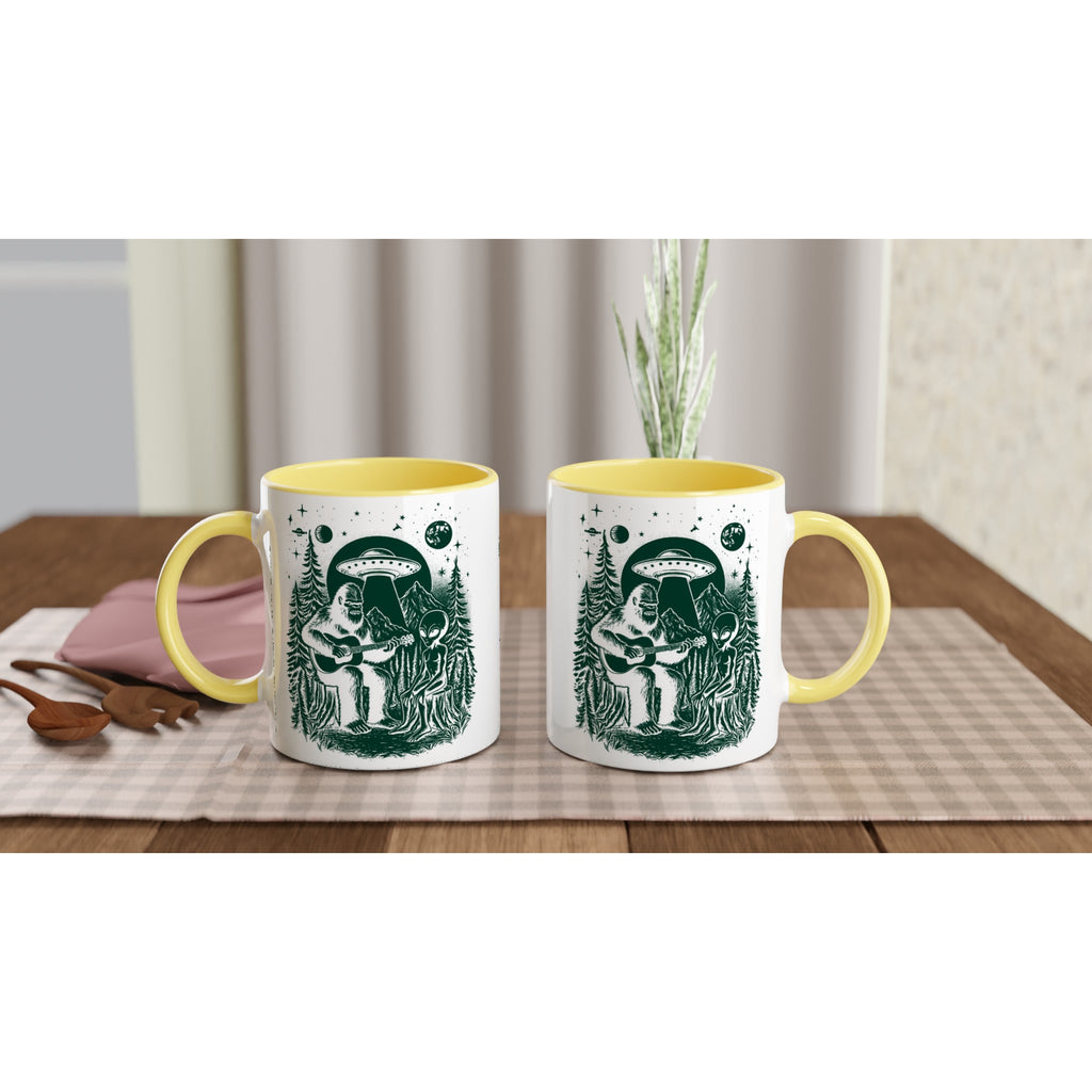 Alien And Bigfoot Play Guitar - White 11oz Ceramic Mug with Color Inside Colour 11oz Mug Globally Fulfilled Music Sci Fi