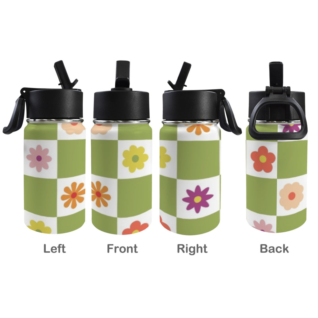 Flower Check 12oz Kids Water Bottle with Straw Lid