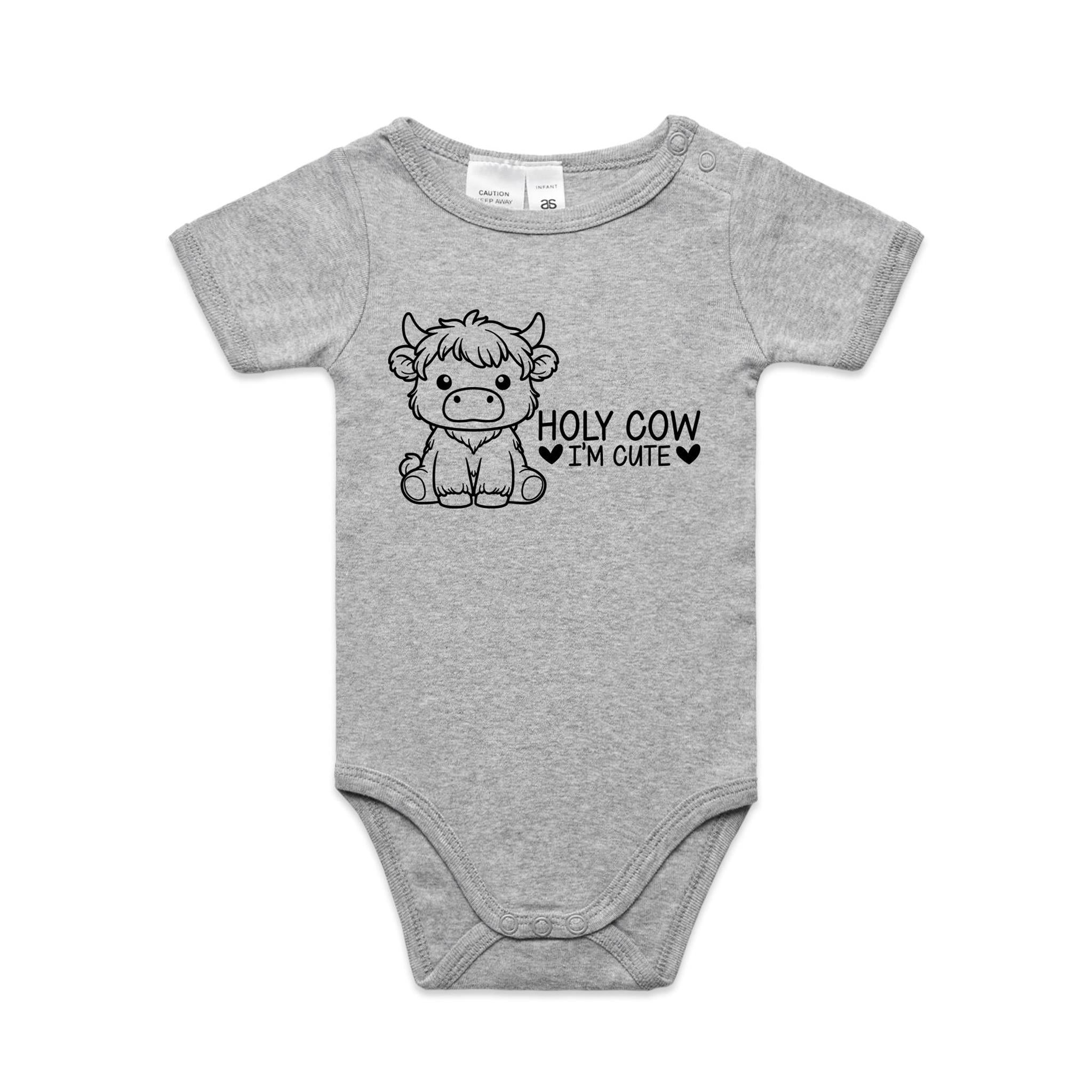 Holy Cow I'm Cute, Highland Cow AS Colour Baby Bodysuit Grey Marle Baby Bodysuit Printed In Australia