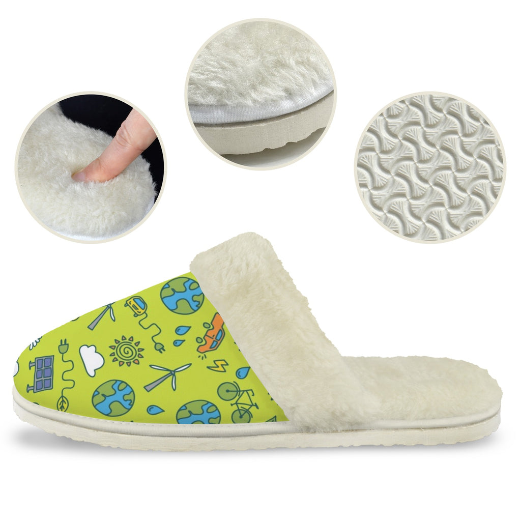 Go Green Men's Fur Trim Thick-Sole Indoor Slippers Men's Fur Trimmed Slippers Environment Printed Offshore