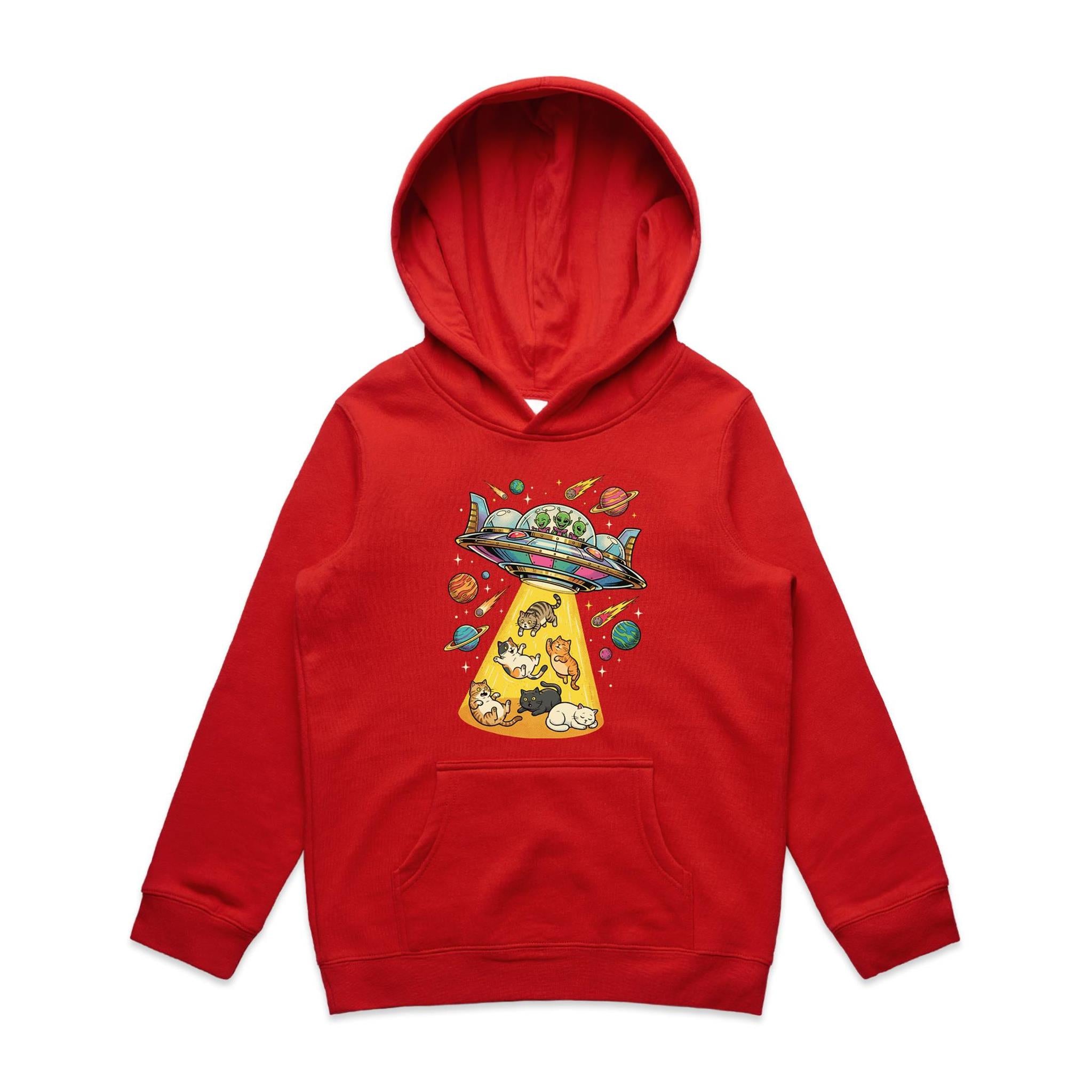UFO Cat Abduction - Kid's AS Colour Hoodie Red Kids Hoodie animal Printed In Australia Sci Fi