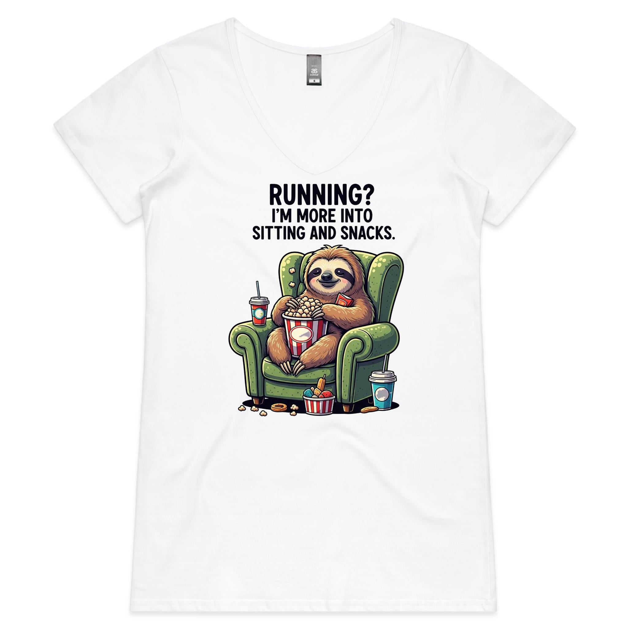 Sloth, Running? I'm More Into Sitting And Snacks - Womens V-Neck T-Shirt
