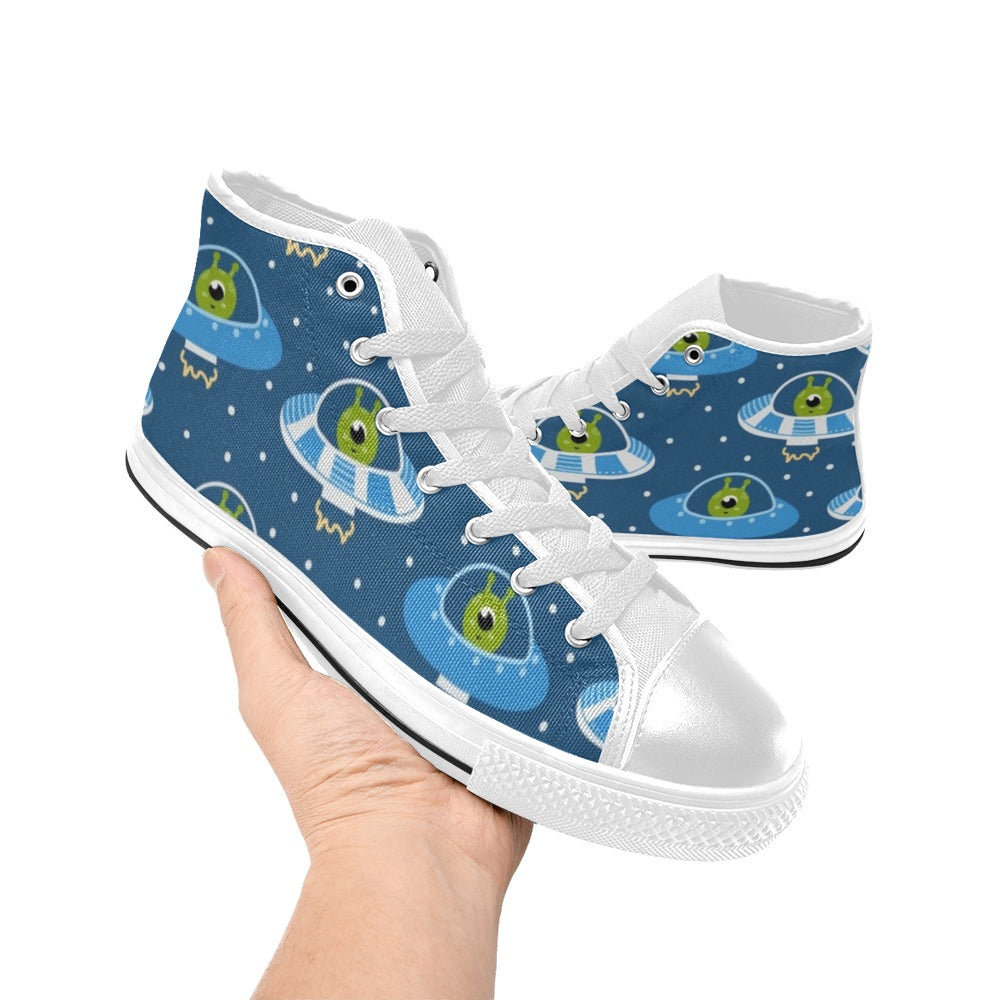 Cute Aliens in UFOs - Kids High Top Canvas Shoes