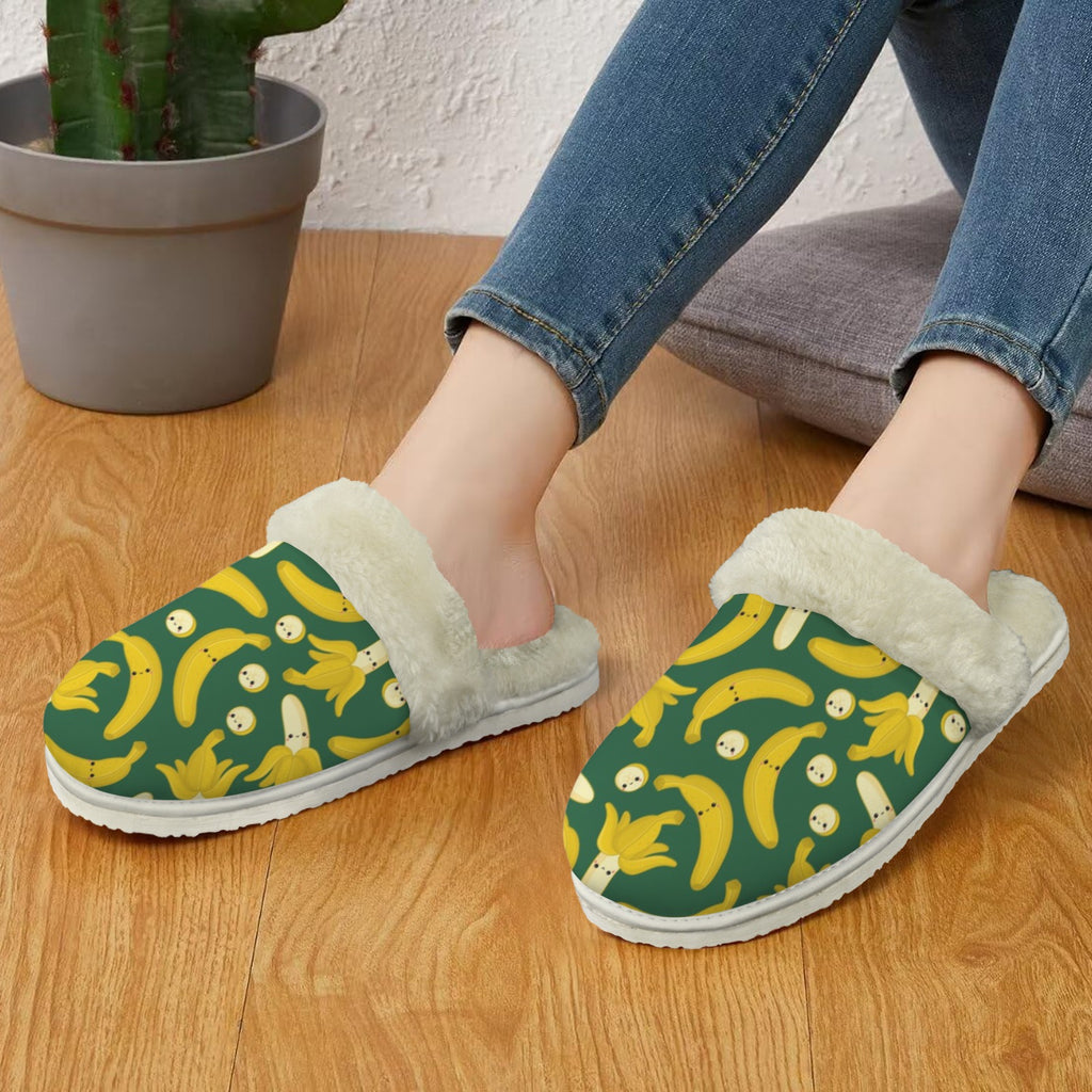 Happy Bananas Women's Fur Trim Thick-Sole Indoor Slippers Women's Fur Trimmed Slippers Food Printed Offshore