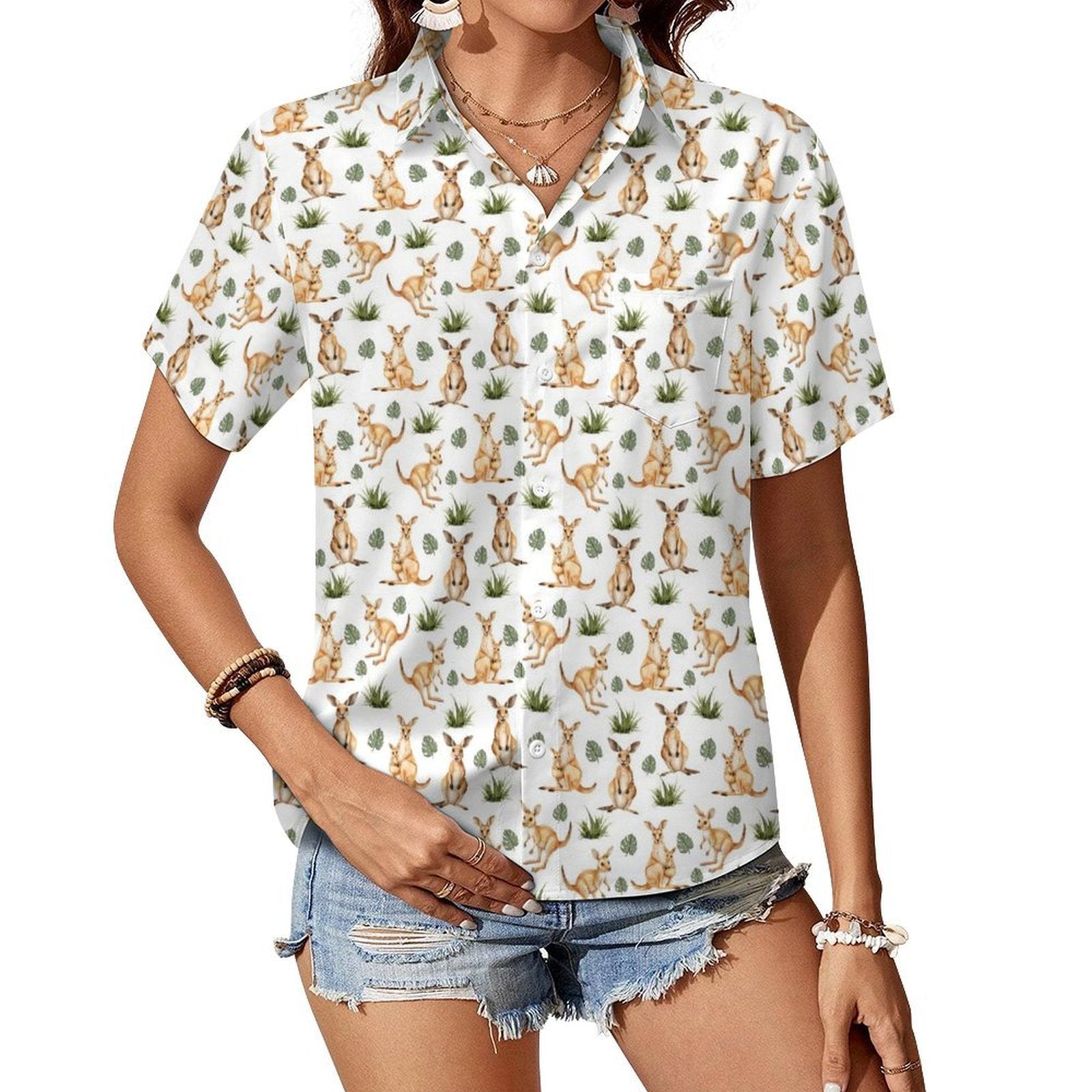 Kangaroos Women's Short-Sleeve Button Up Shirt white Women's Short-Sleeve Button Up Shirt animal Printed Offshore