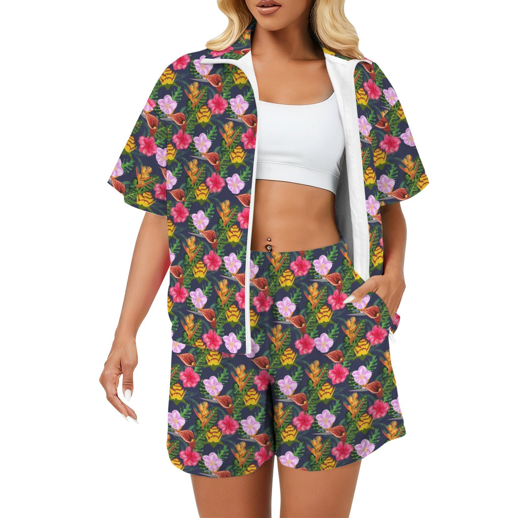 Tropical Floral Women's Windbreaker Short Set 2XL Women's Windbreaker Short Set Plants Printed Offshore