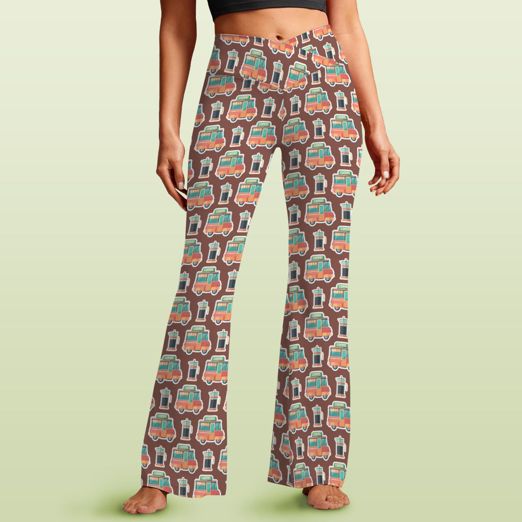 Coffee Van High Waist Crossover Tummy Control Flare Leggings 5XL High Waist Flare Leggings Coffee Printed Offshore