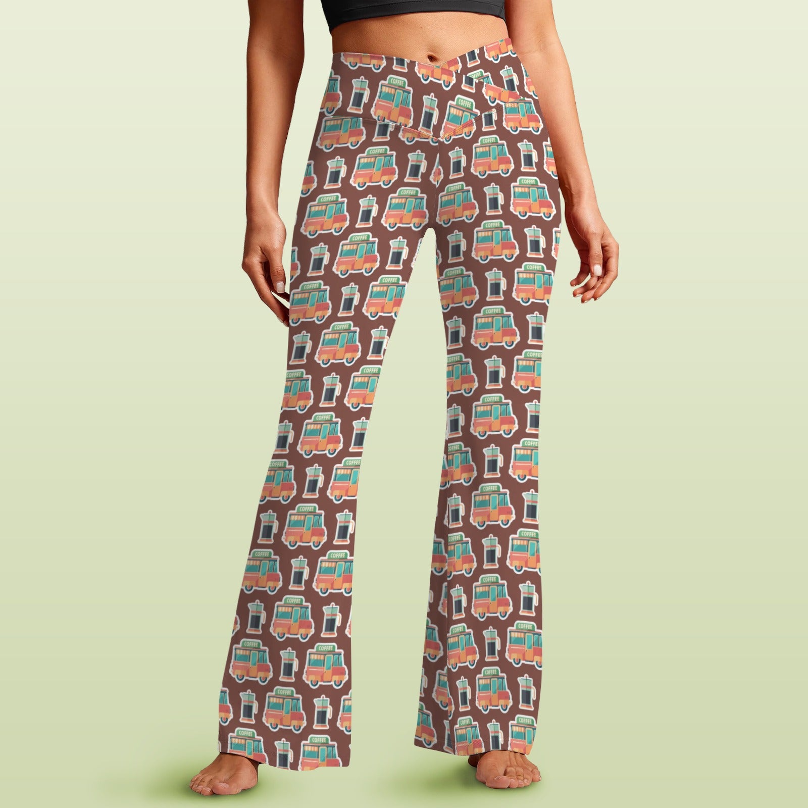 Coffee Van High Waist Crossover Tummy Control Flare Leggings 5XL High Waist Flare Leggings Coffee Printed Offshore