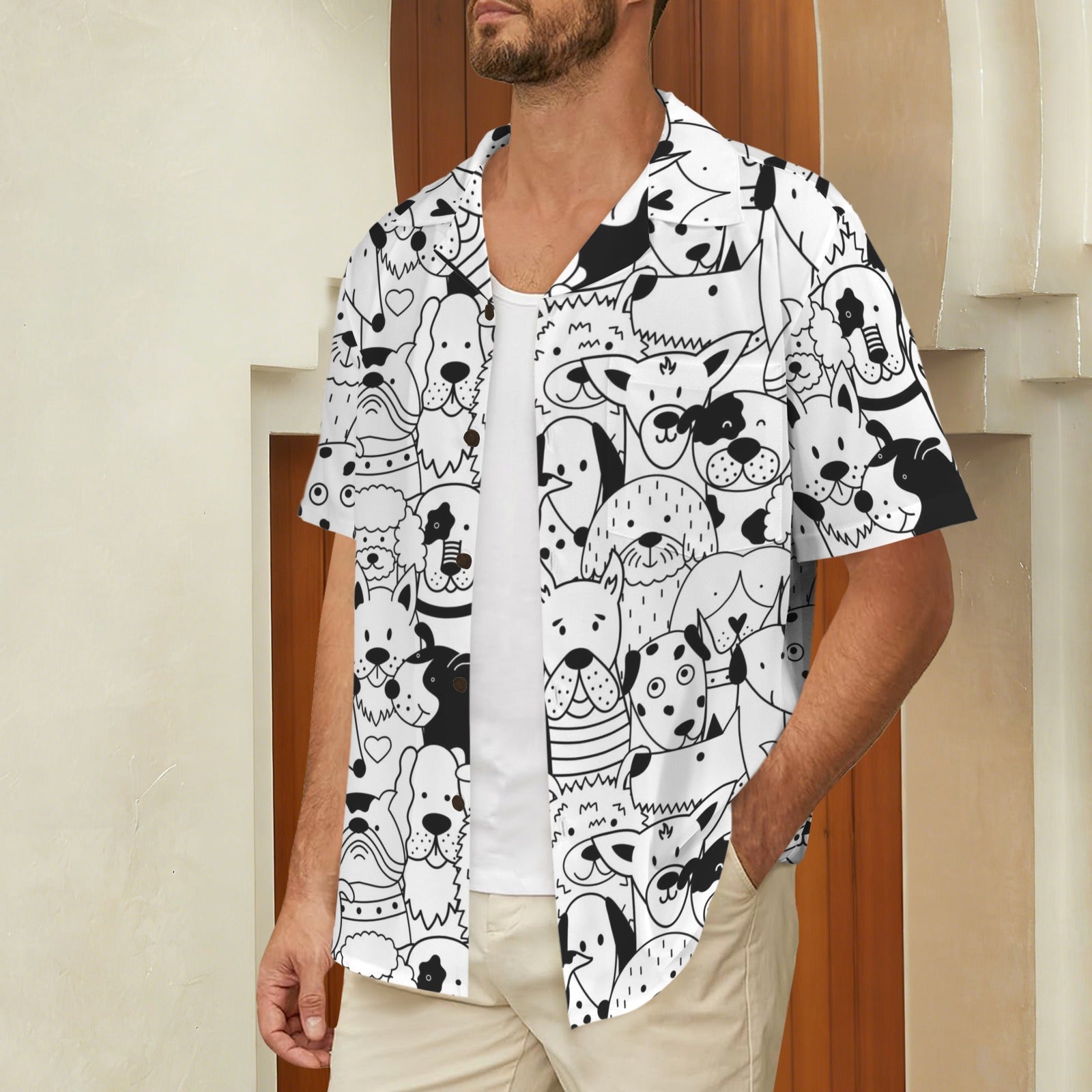 Black And White Dogs Men's Short Sleeve Hawaiian Shirt Men's Hawaiian Shirt (New) animal Printed Offshore