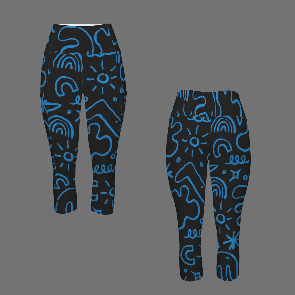 Blue Squiggle Women's High Waist Pocket Capri Yoga Leggings Women's High Waist Capri Yoga Leggings Printed Offshore