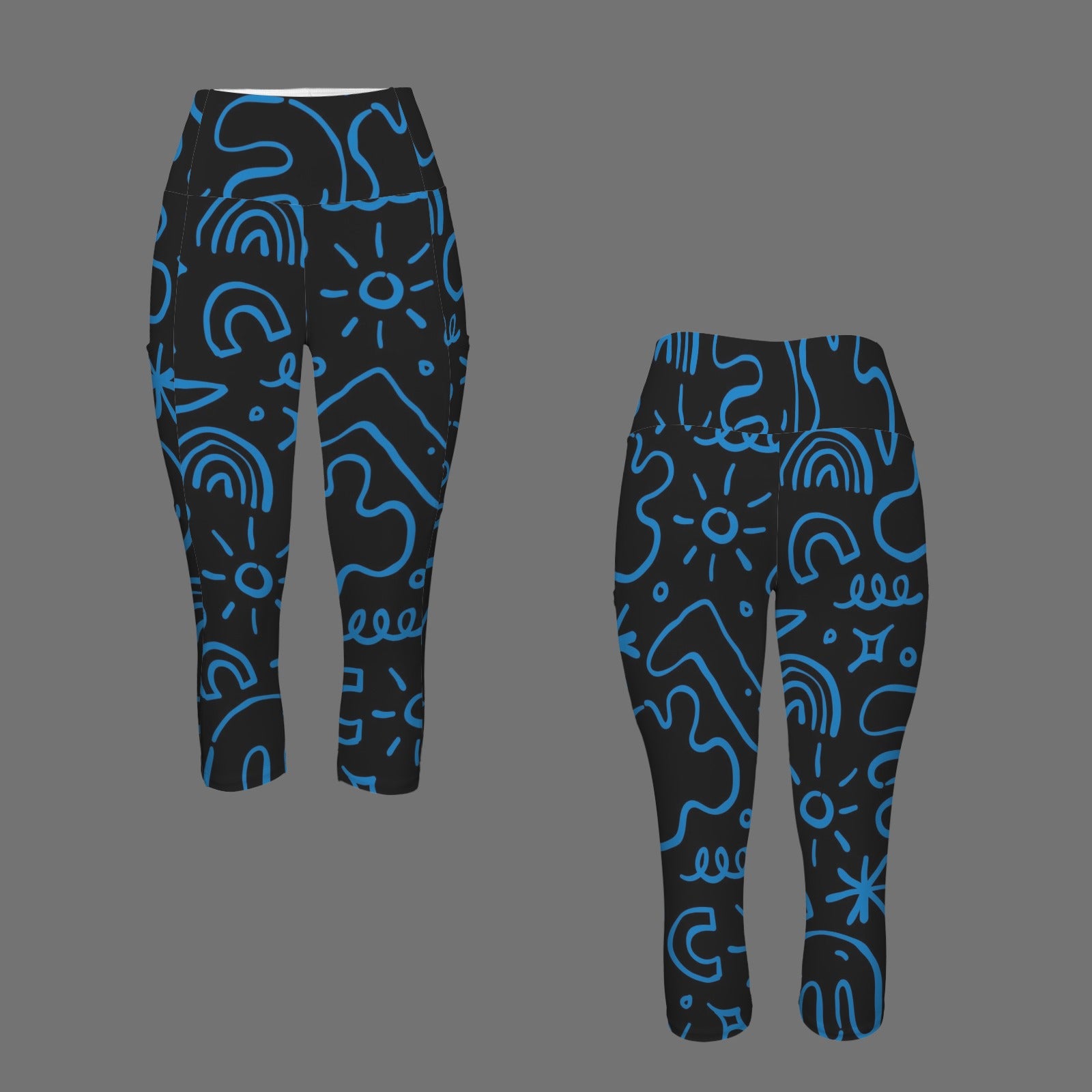 Blue Squiggle Women's High Waist Pocket Capri Yoga Leggings Women's High Waist Capri Yoga Leggings Printed Offshore