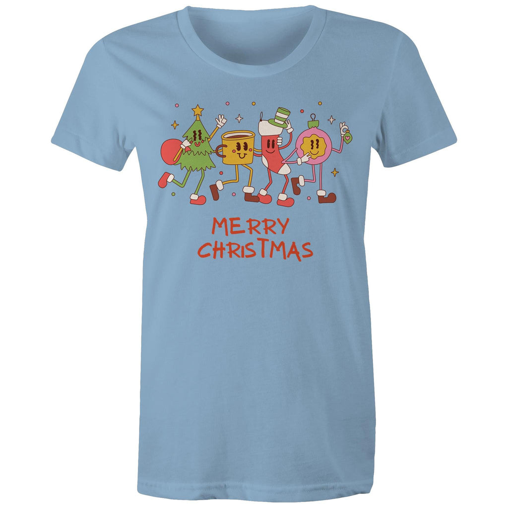 Crazy Christmas Characters - Womens T-shirt Carolina Blue Womens Christmas T-shirt Christmas Printed In Australia