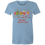 Crazy Christmas Characters - Womens T-shirt Carolina Blue Womens Christmas T-shirt Christmas Printed In Australia