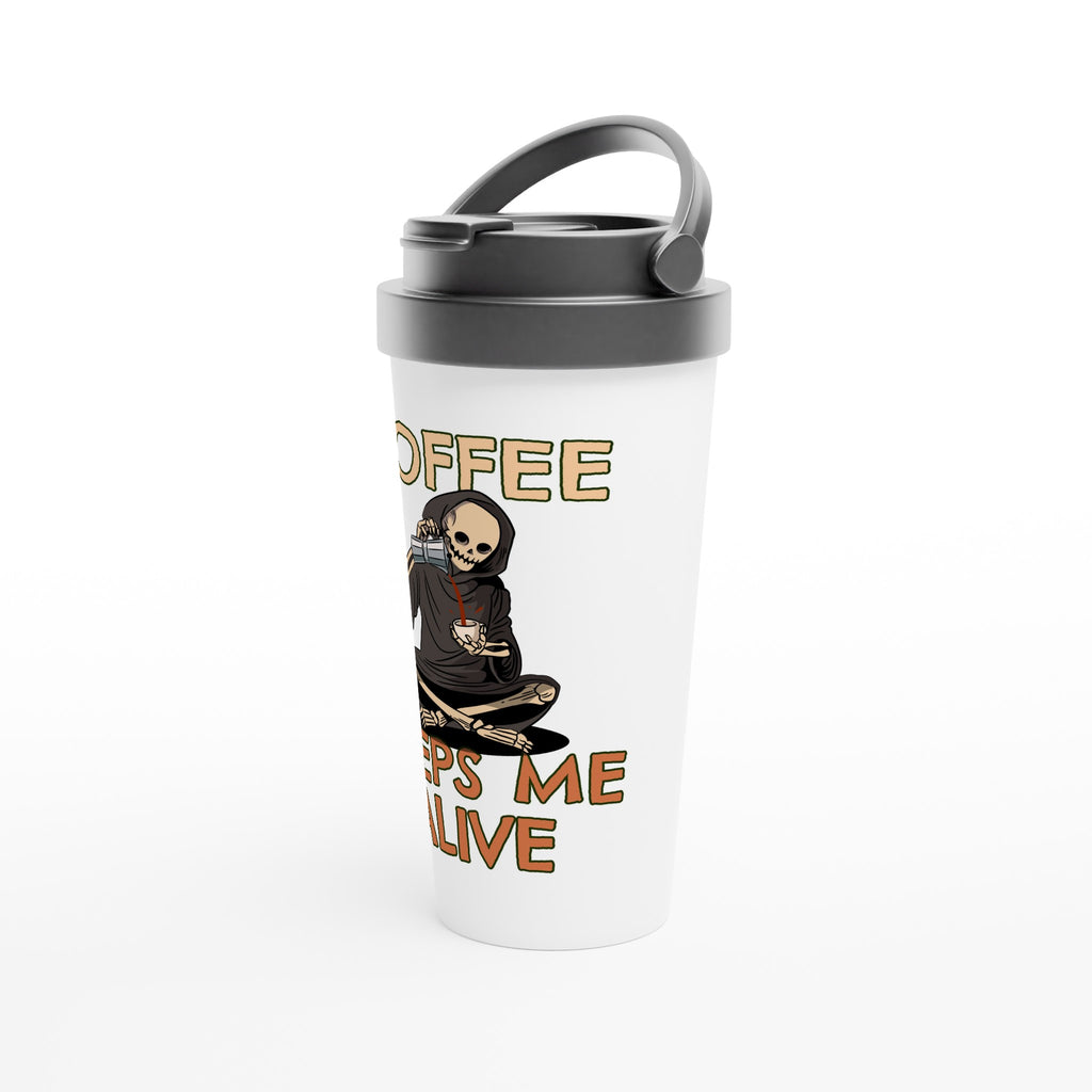 Coffee Keeps Me Alive, Skeleton - White 15oz Stainless Steel Travel Mug Travel Mug Coffee Globally Fulfilled