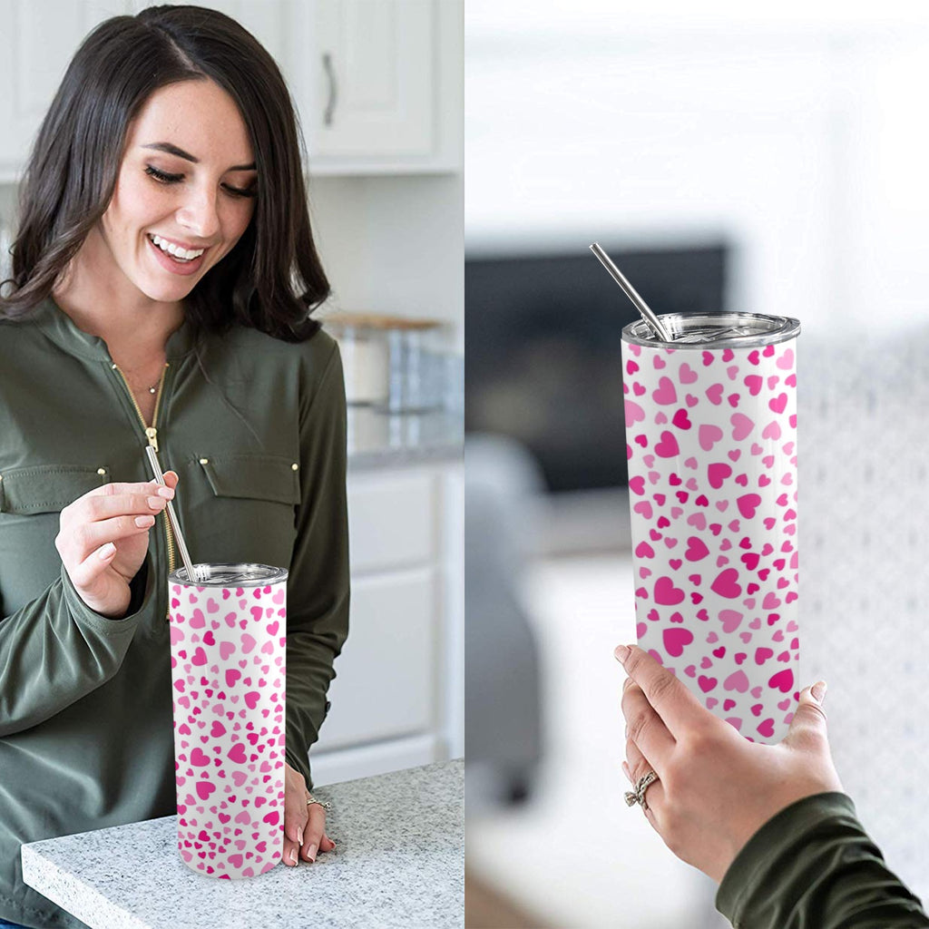 Pink Hearts On White - 20oz Tall Skinny Tumbler with Lid and Straw