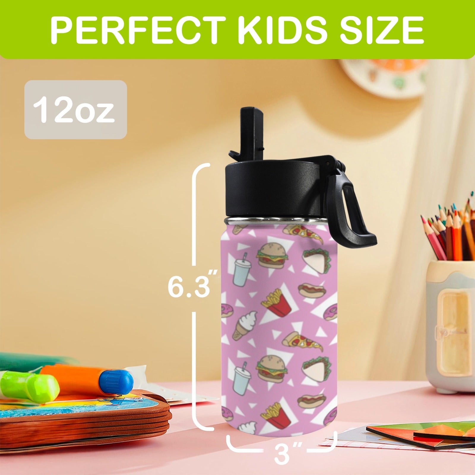 Fast Food 12oz Kids Water Bottle with Straw Lid