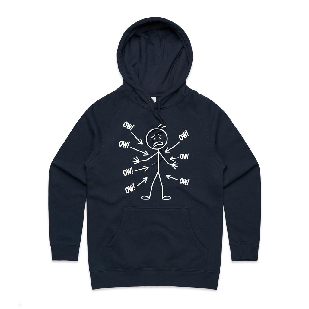 Ow! Everything Hurts Stick Figure Women's AS Colour Hoodie Navy Womens Hoodie Printed In Australia