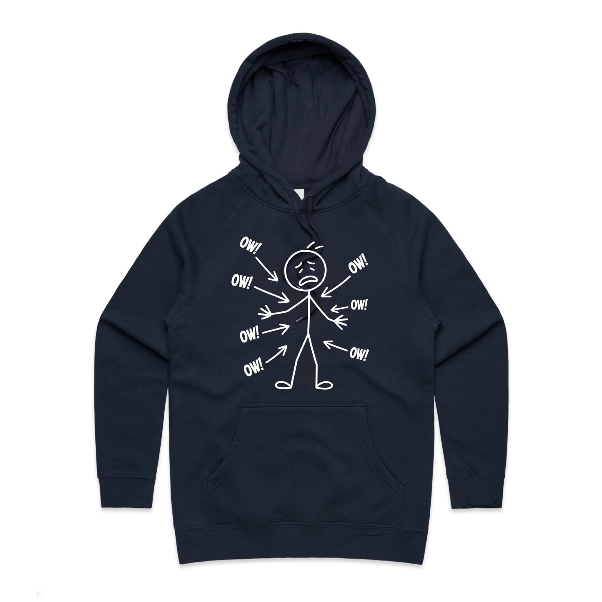 Ow! Everything Hurts Stick Figure Women's AS Colour Hoodie Navy Womens Hoodie Printed In Australia