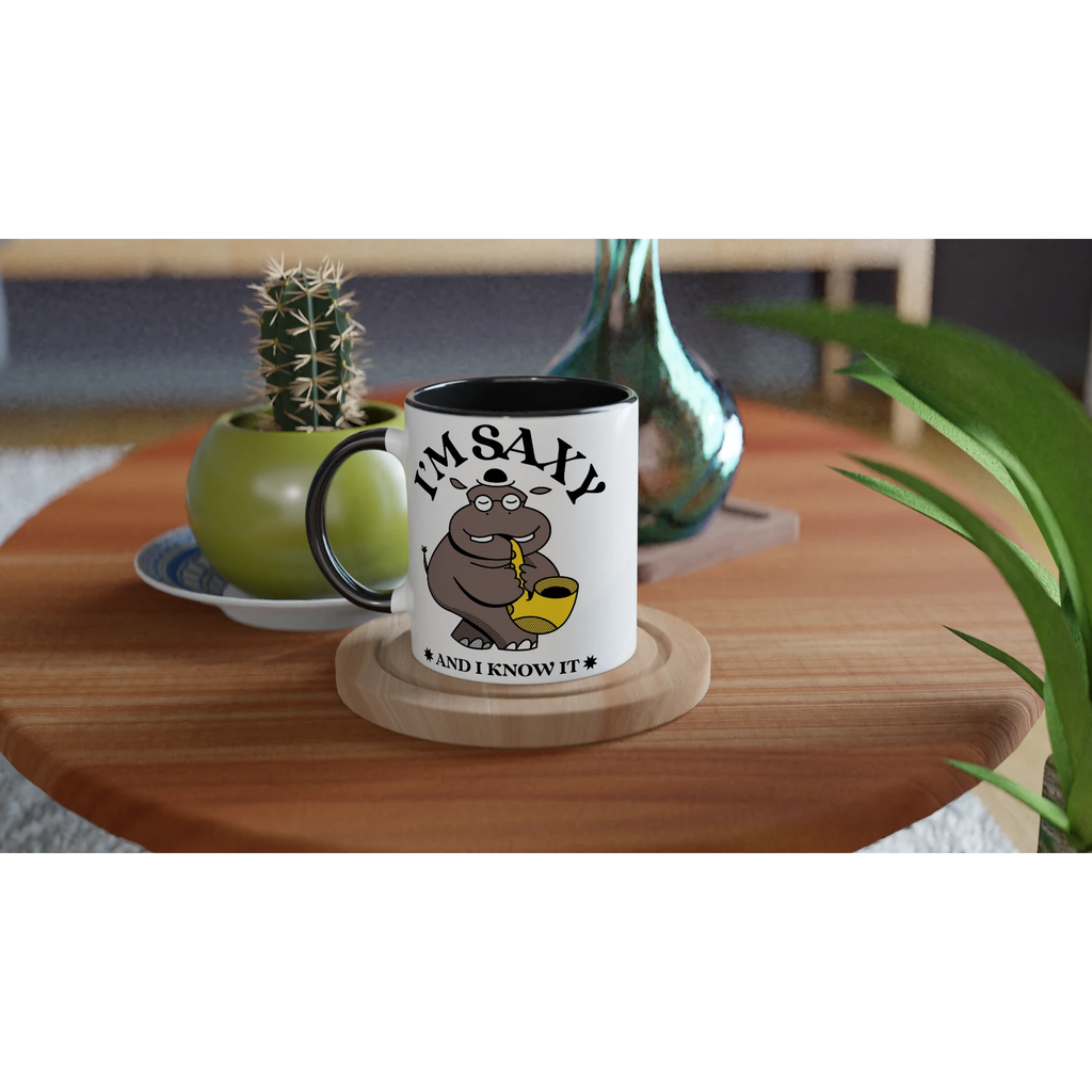 I'm Saxy And I Know It, Saxophone Hippo - White 11oz Ceramic Mug with Colour Inside Colour 11oz Mug animal Globally Fulfilled Music