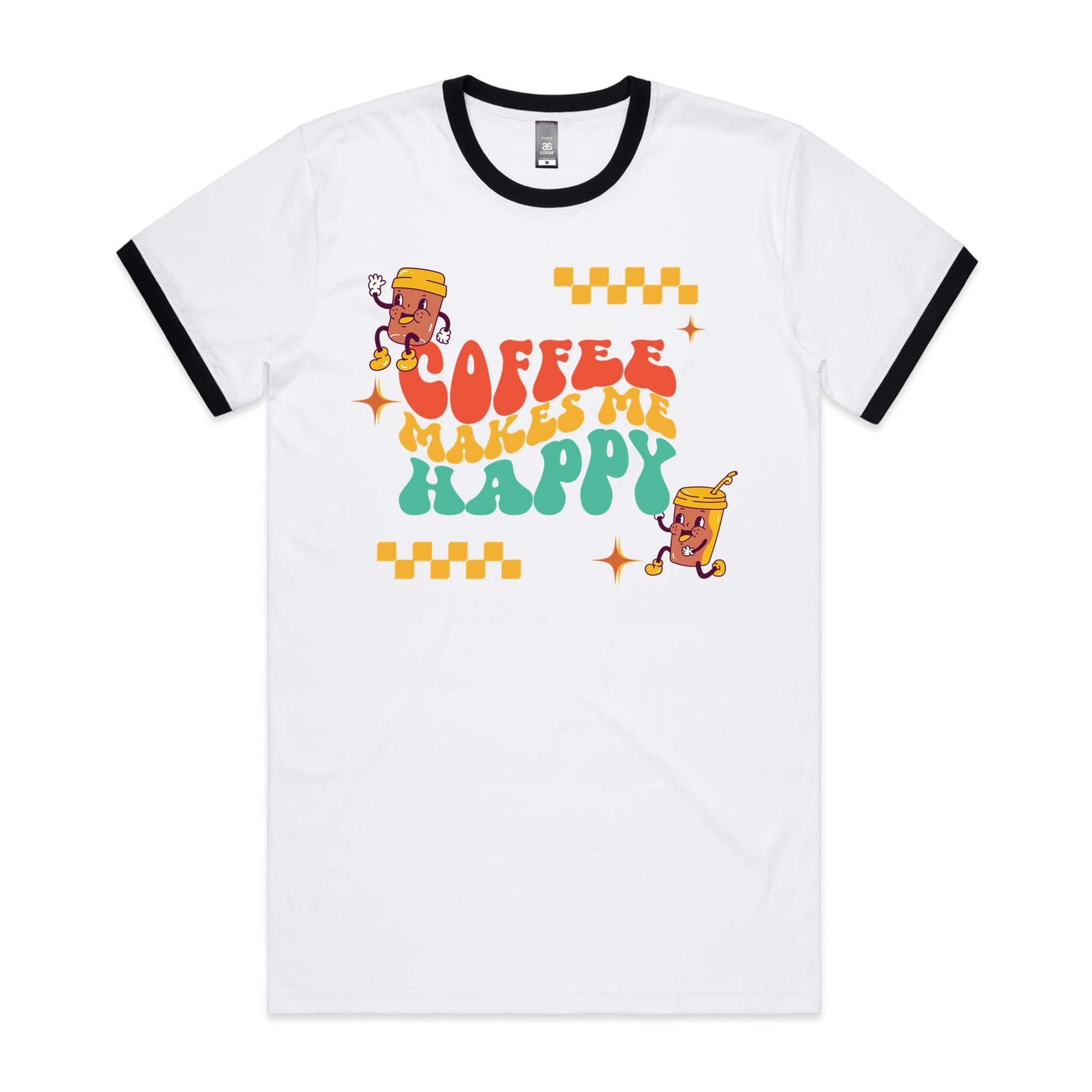 Coffee Makes Me Happy - Staple Ringer Tee White Black Ringer T-Shirt Coffee Printed In Australia