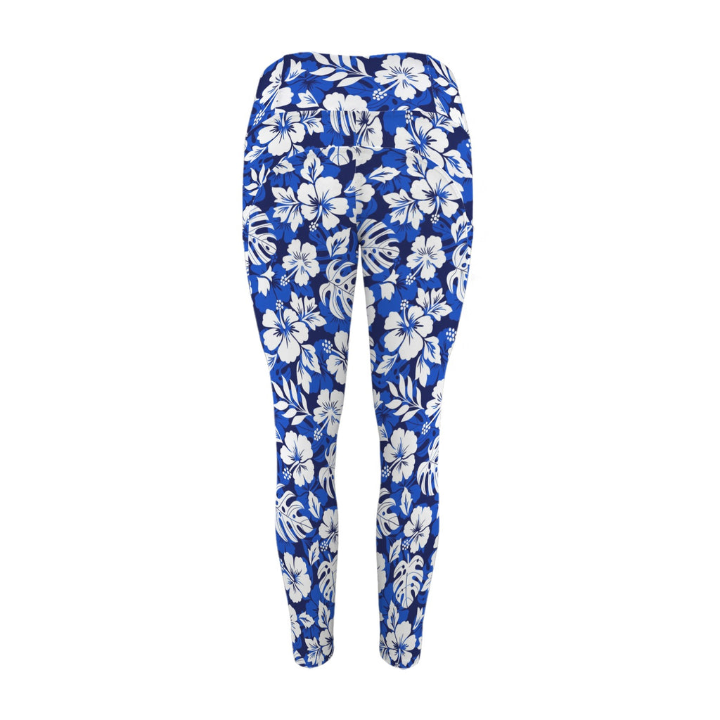 Blue Hawaiian Floral - Women's High Waist Pockets Yoga Leggings