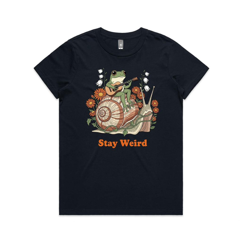 Stay Weird, Guitar Playing Frog On A Snail Women's AS Colour T-shirt Navy Womens T-shirt animal Music Printed In Australia