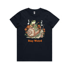 Stay Weird, Guitar Playing Frog On A Snail Women's AS Colour T-shirt Navy Womens T-shirt animal Music Printed In Australia