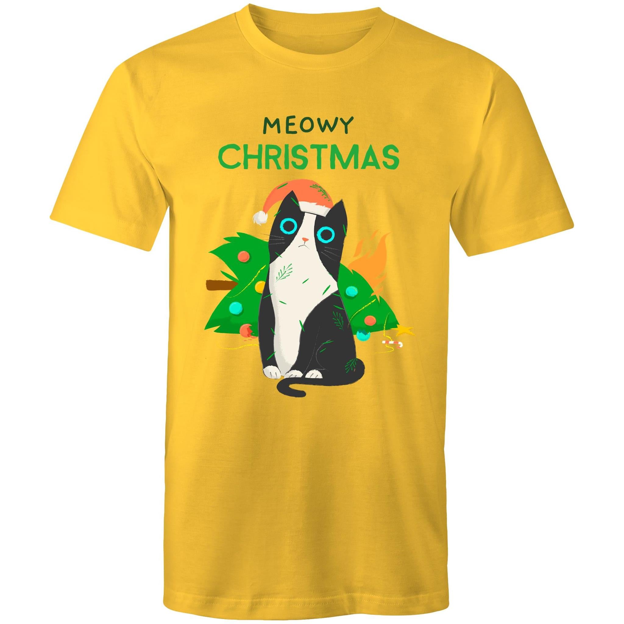 Meowy Christmas - Mens T-Shirt Yellow Mens Christmas T-shirt Christmas Printed In Australia