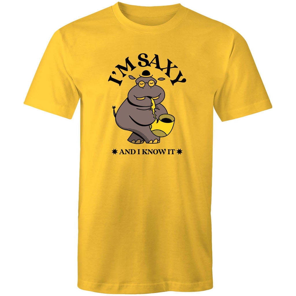 I'm Saxy And I Know It, Saxophone Hippo - Mens T-Shirt Yellow Mens T-shirt animal Music Printed In Australia