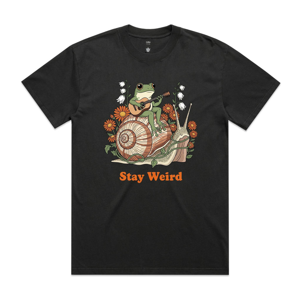 Stay Weird, Guitar Playing Frog On A Snail AS Colour Heavy Faded Tee Unisex Faded coal Heavy Faded T-shirt animal Music Printed In Australia