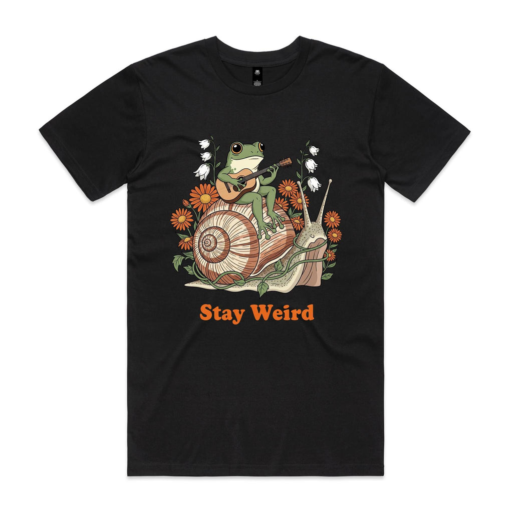 Stay Weird, Guitar Playing Frog On A Snail Men's AS Colour T-shirt Black Mens T-shirt animal Music Printed In Australia