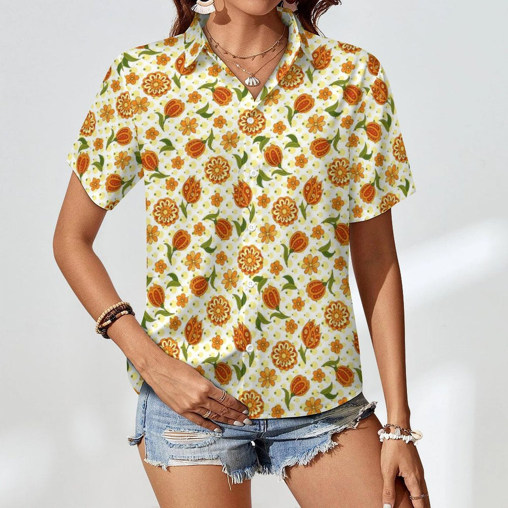 Graphic Floral Women's Collared Pocketless Short Sleeve Shirt