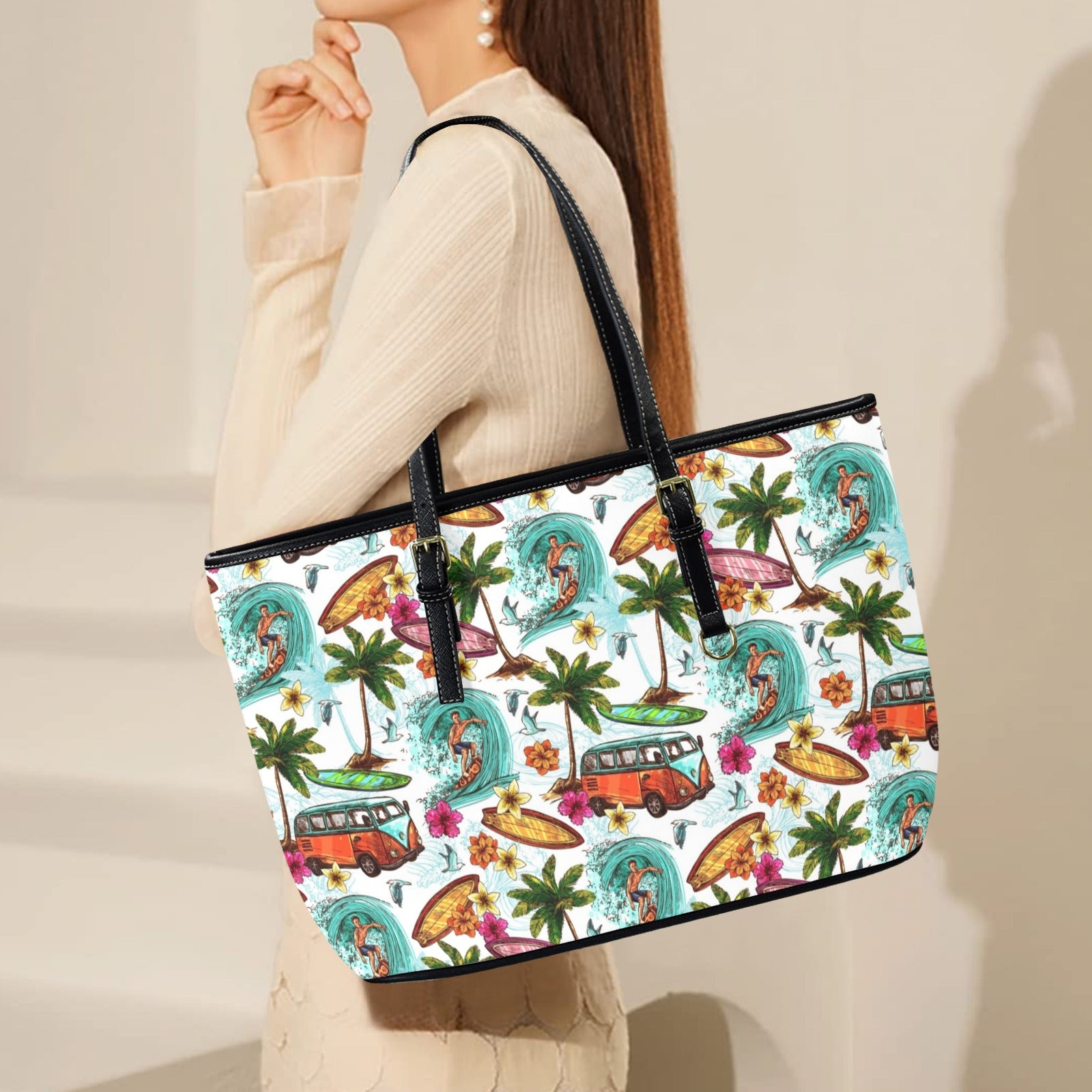 Surfing Safari PU Leather Tote Bag Large