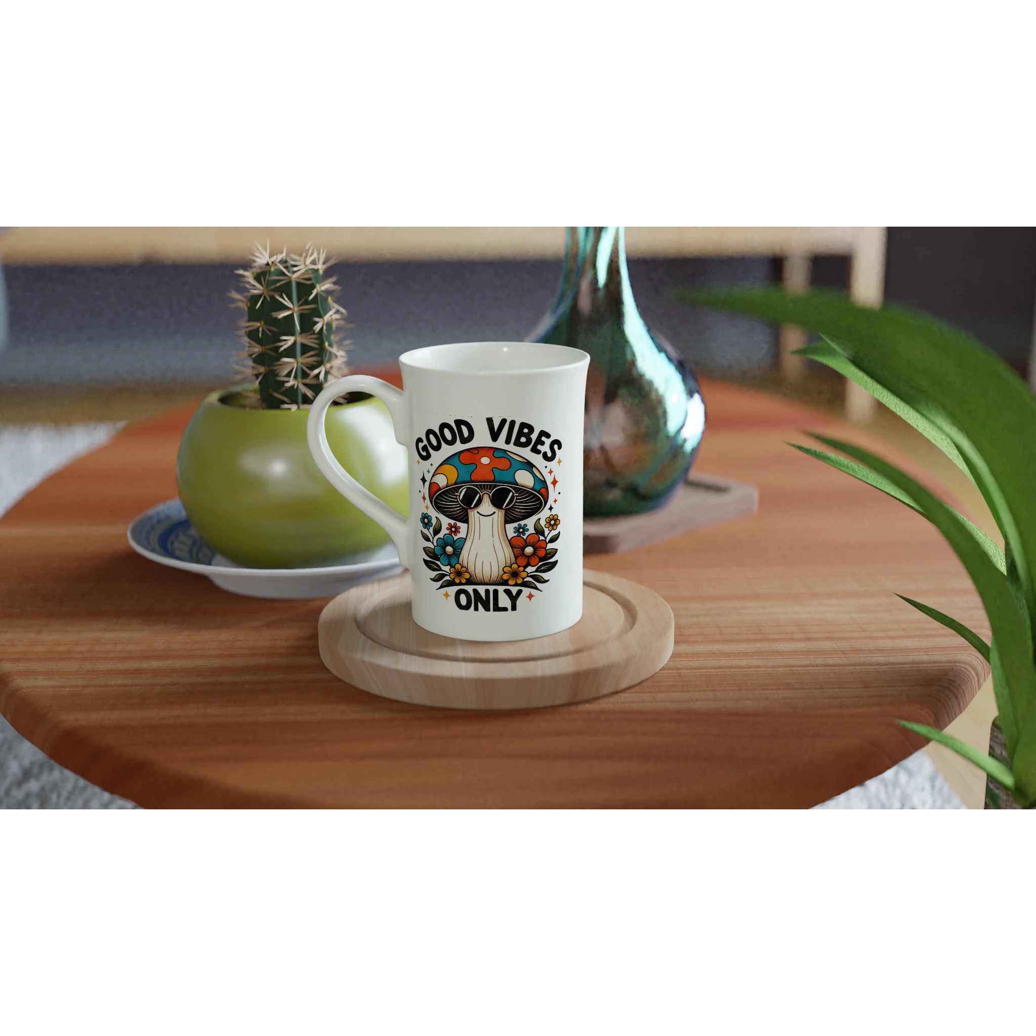 Personalised - Good Vibes Only, Hippie Mushroom With Sunglasses - White 10oz Porcelain Slim Mug Personalised Porcelain Mug Globally Fulfilled