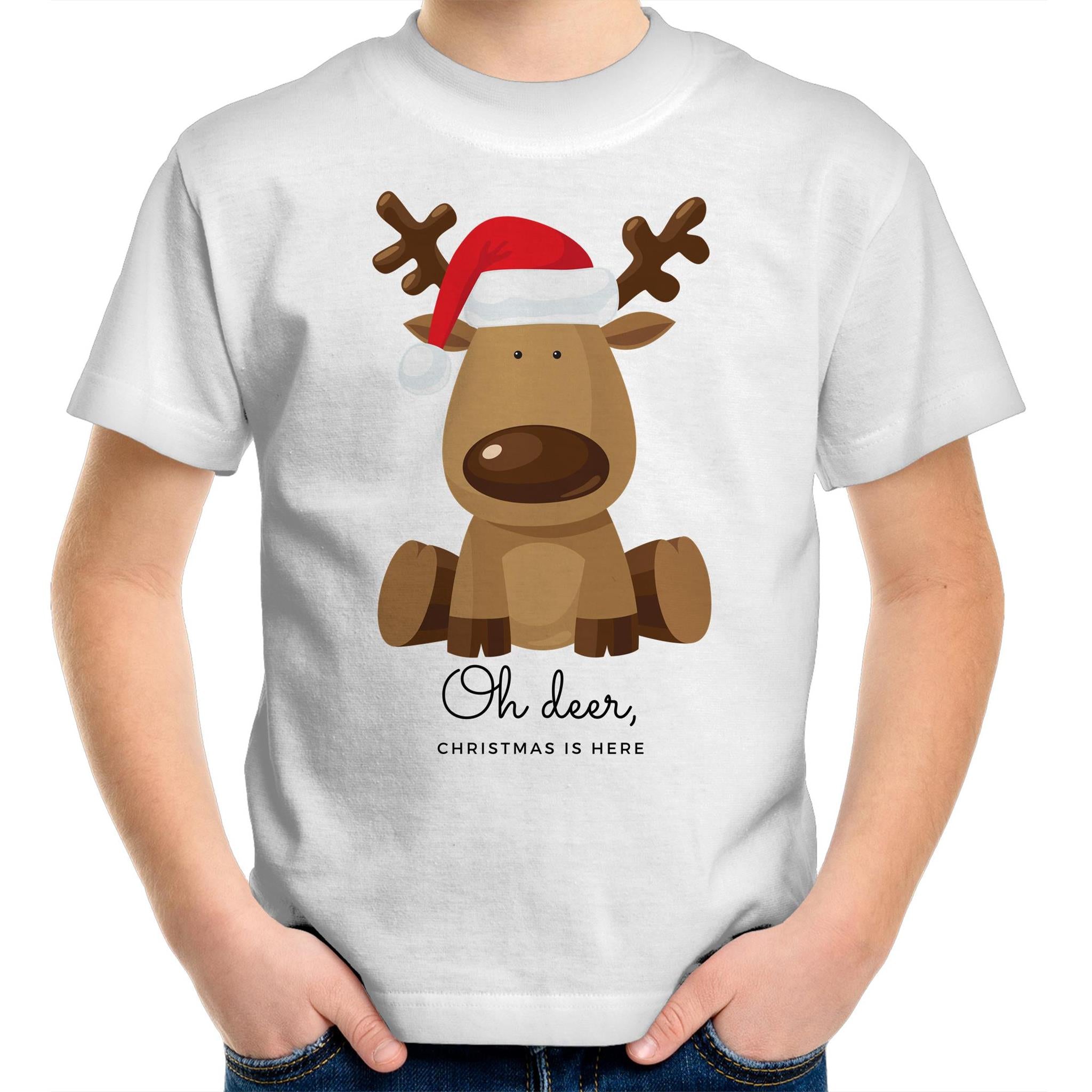 Oh Deer Christmas Is Here, Reindeer - Kids Youth T-Shirt White Kids Christmas T-shirt Christmas Printed In Australia