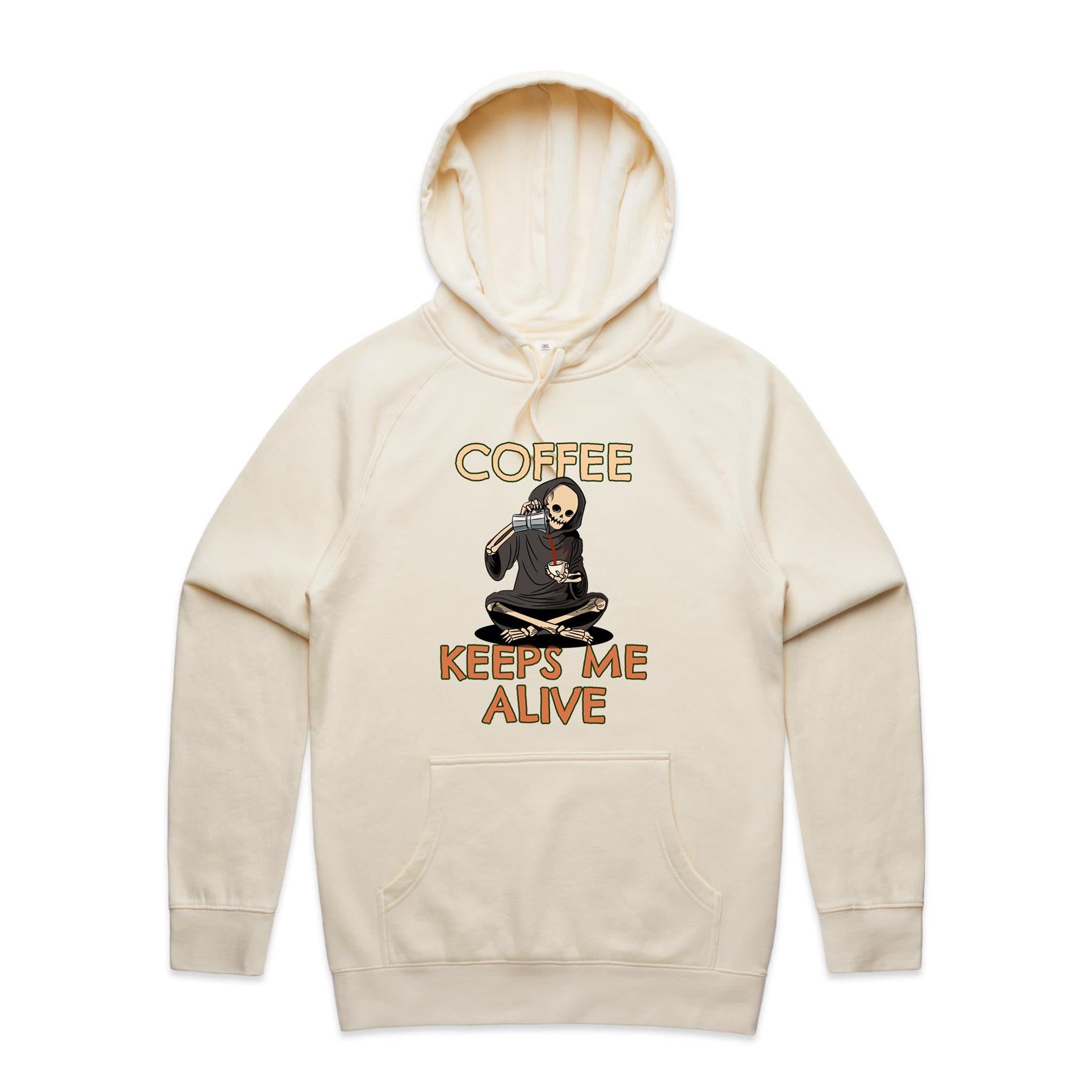 Coffee Keeps Me Alive, Skeleton - Mens Hoodie Ecru Mens Hoodie Coffee Printed In Australia