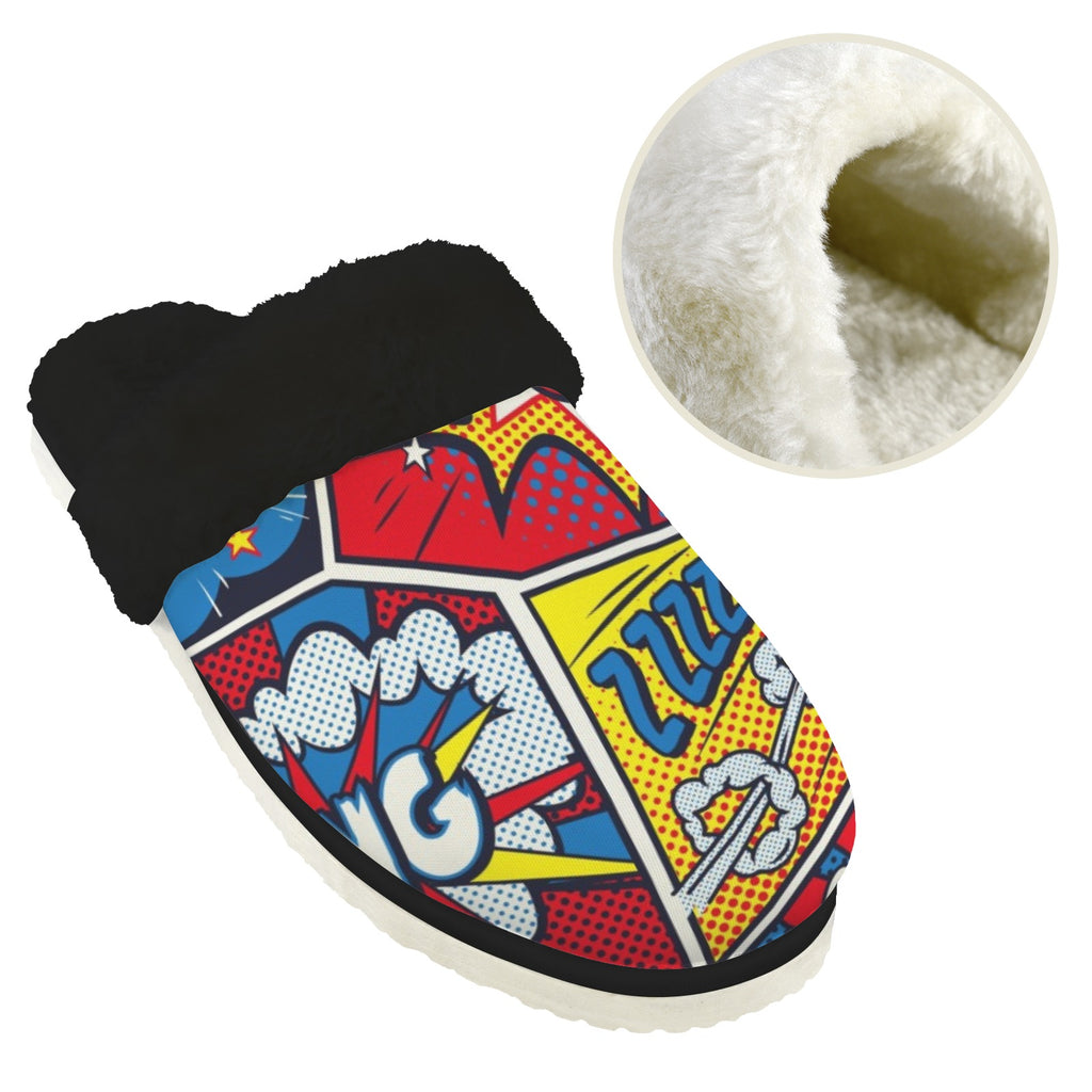 Comic Book Men's Fur Trim Thick-Sole Indoor Slippers Men's Fur Trimmed Slippers comic Printed Offshore