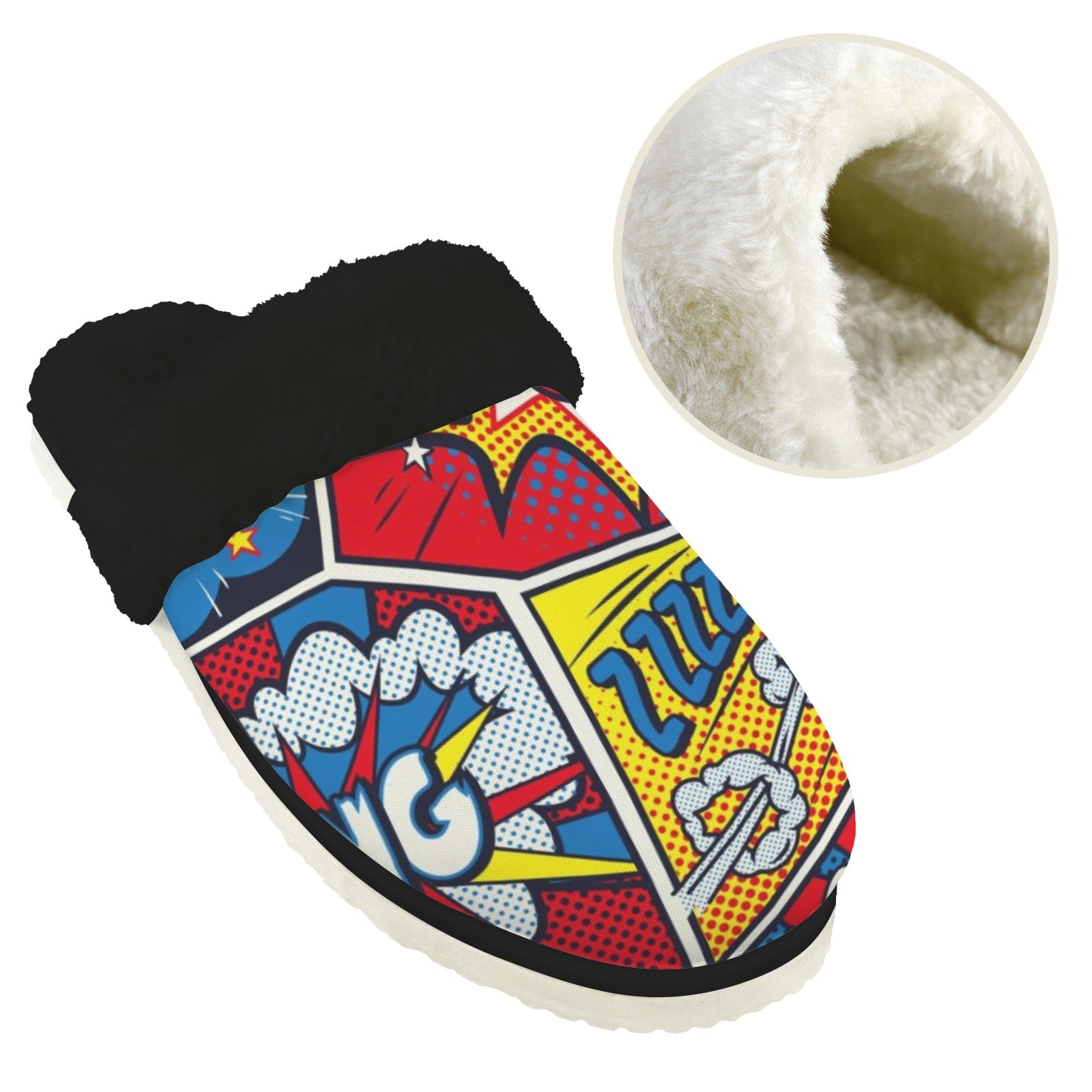 Comic Book Men's Fur Trim Thick-Sole Indoor Slippers Men's Fur Trimmed Slippers comic Printed Offshore