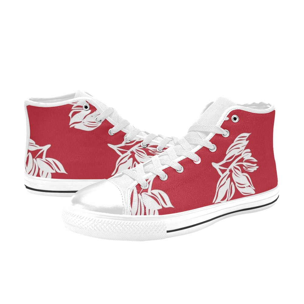 Red Retro Foliage, Hawaiian Flower - Men's High Top Canvas Shoes