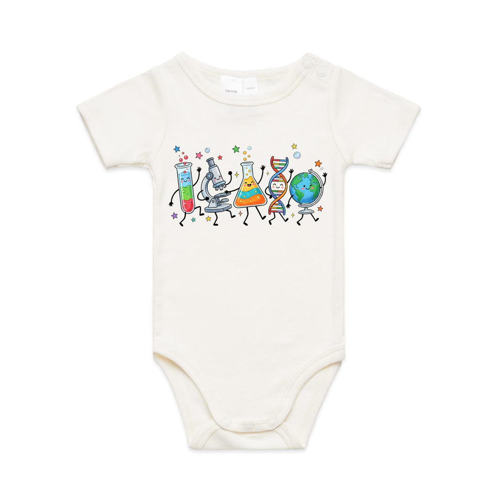 Science Characters AS Colour Baby Bodysuit Natural Baby Bodysuit Printed In Australia Science