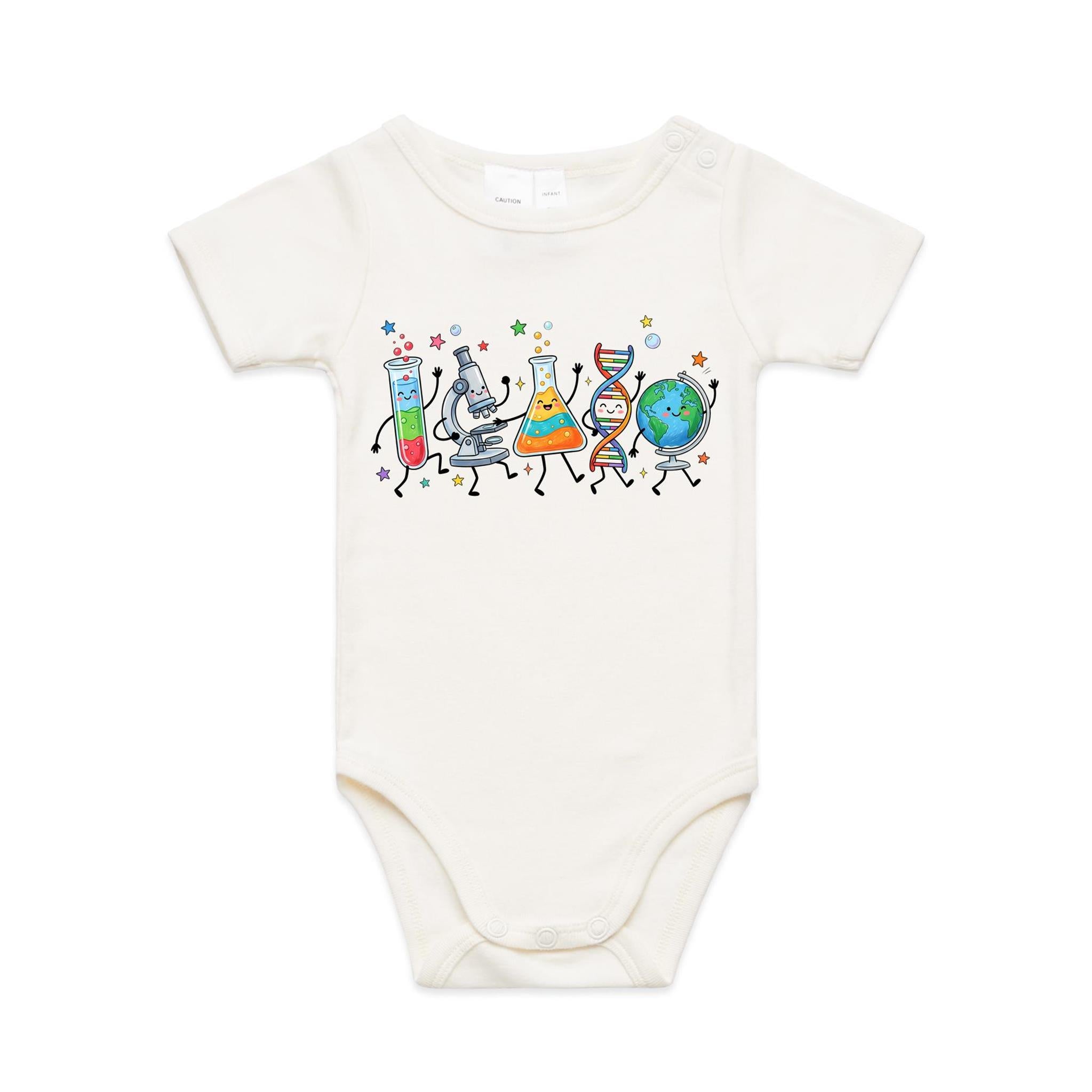 Science Characters AS Colour Baby Bodysuit Natural Baby Bodysuit Printed In Australia Science