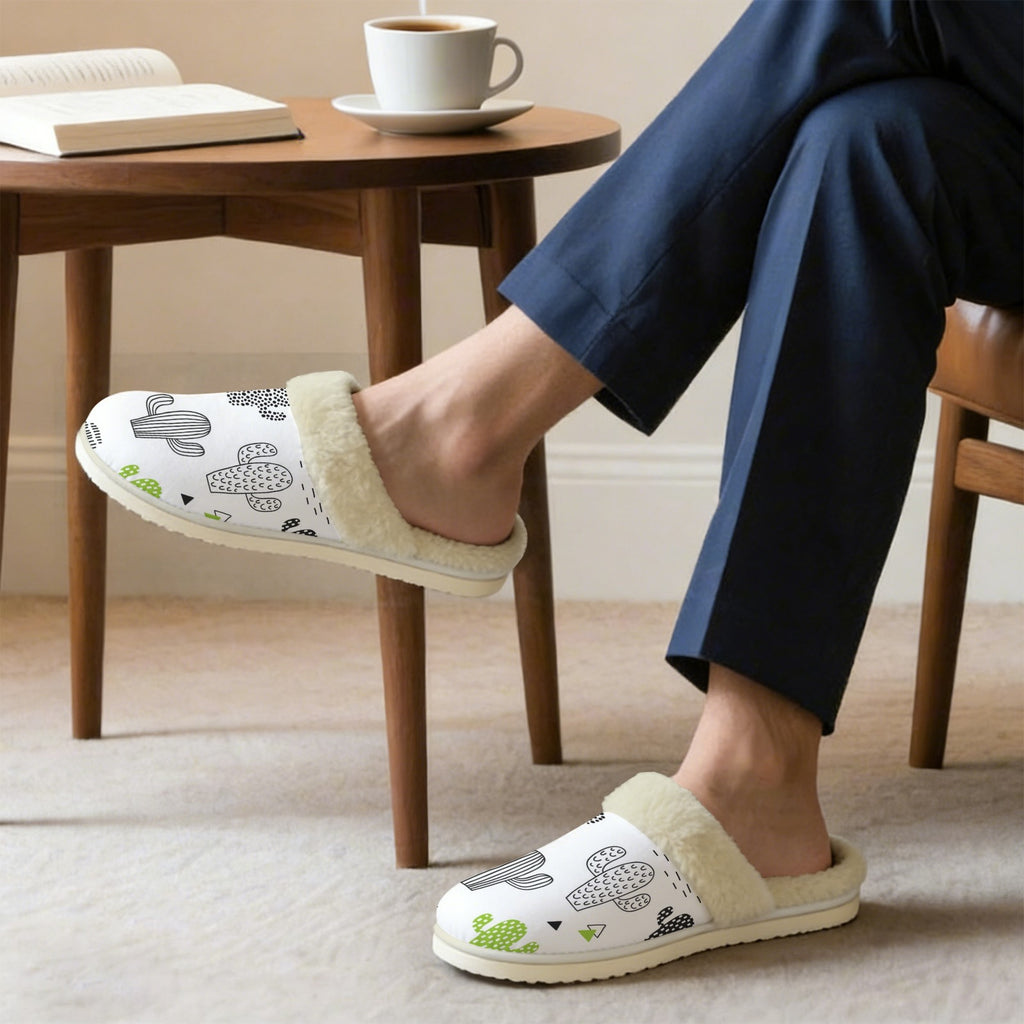 Cactus In Black And White Men's Fur Trim Thick-Sole Indoor Slippers Men's Fur Trimmed Slippers Plants Printed Offshore