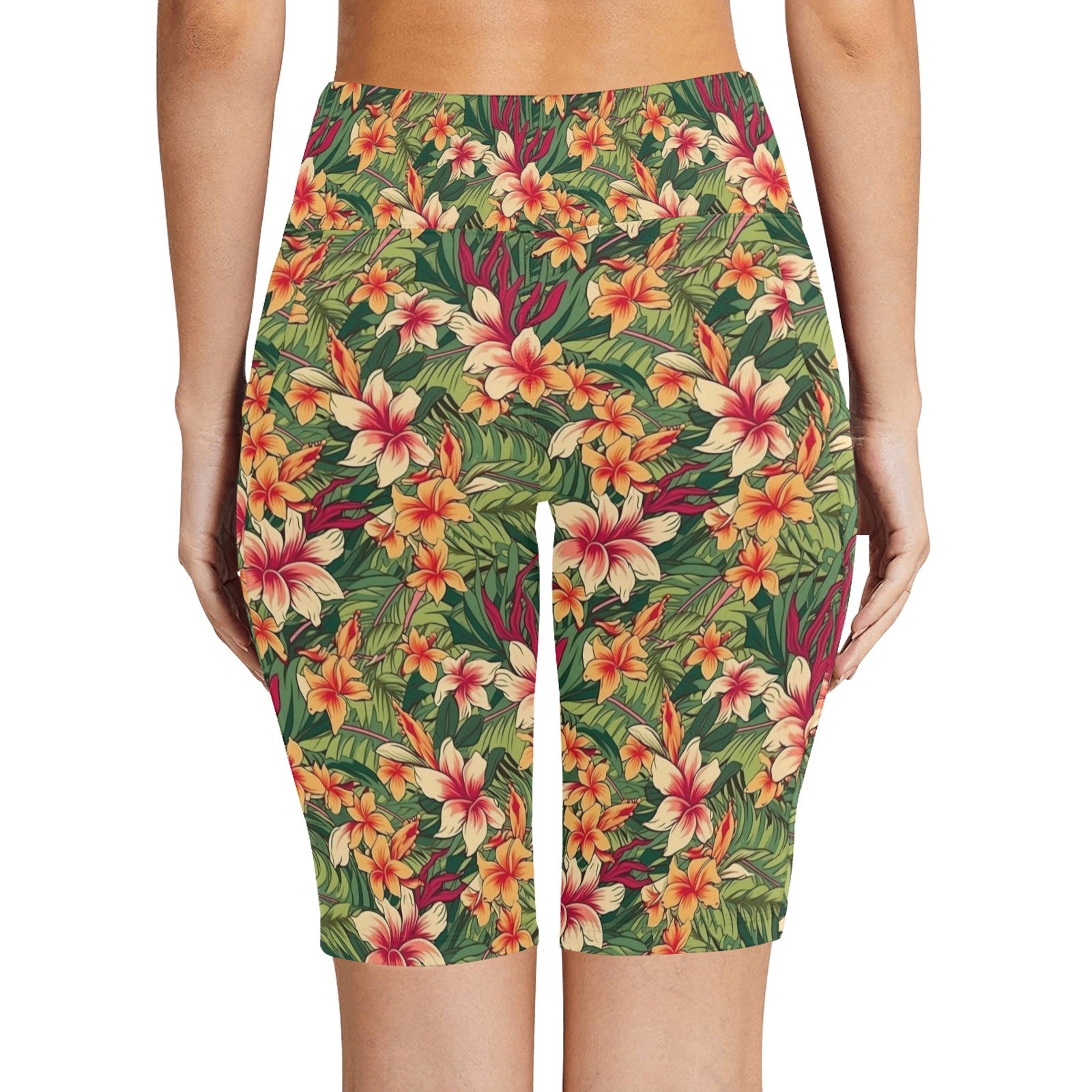 Vintage Hawaiian Floral Women's Bike Shorts With Side Pockets Women's Bike Shorts Plants Printed Offshore