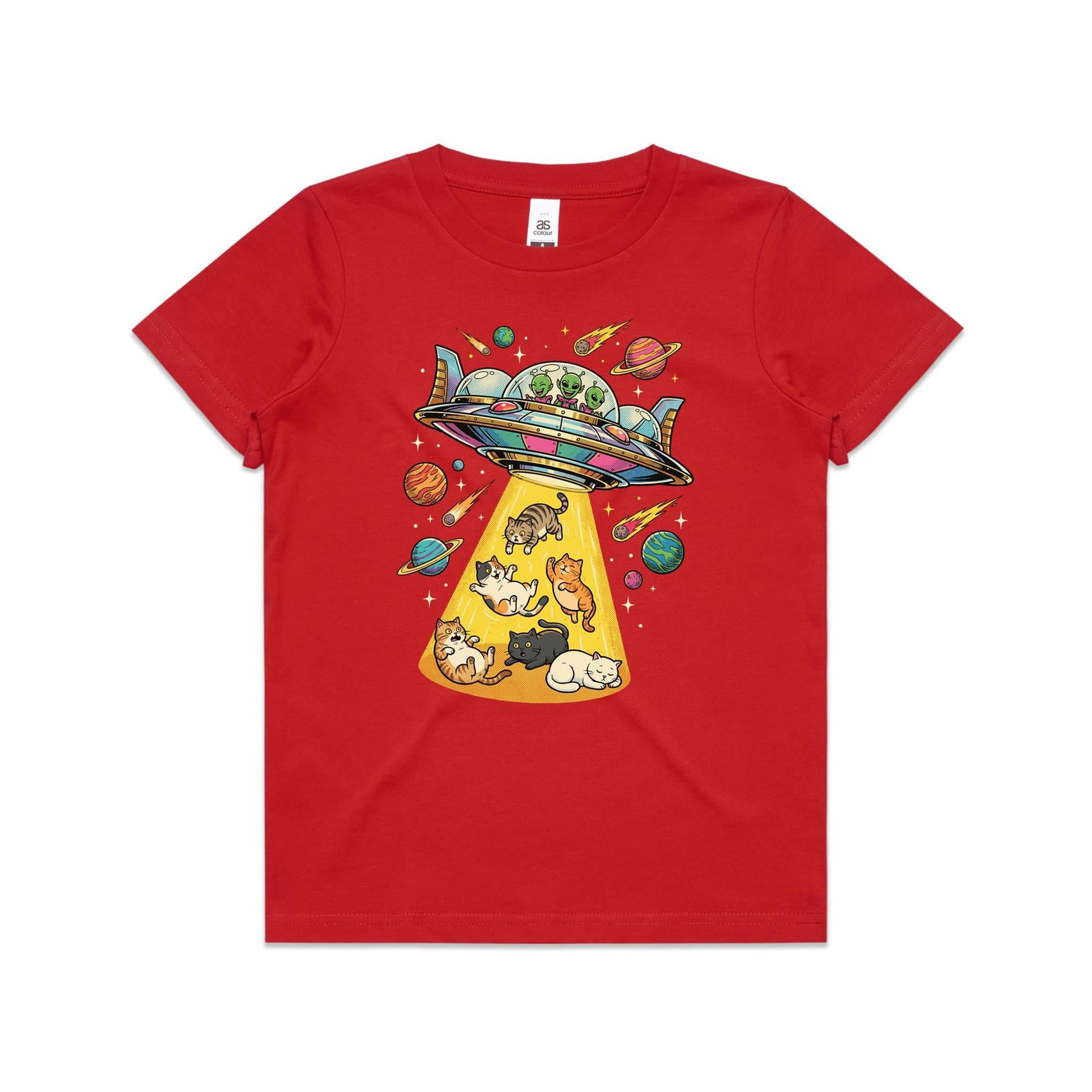 UFO Cat Abduction - Kid's AS Colour T-shirt Red Kids Youth T-shirt animal Printed In Australia Sci Fi