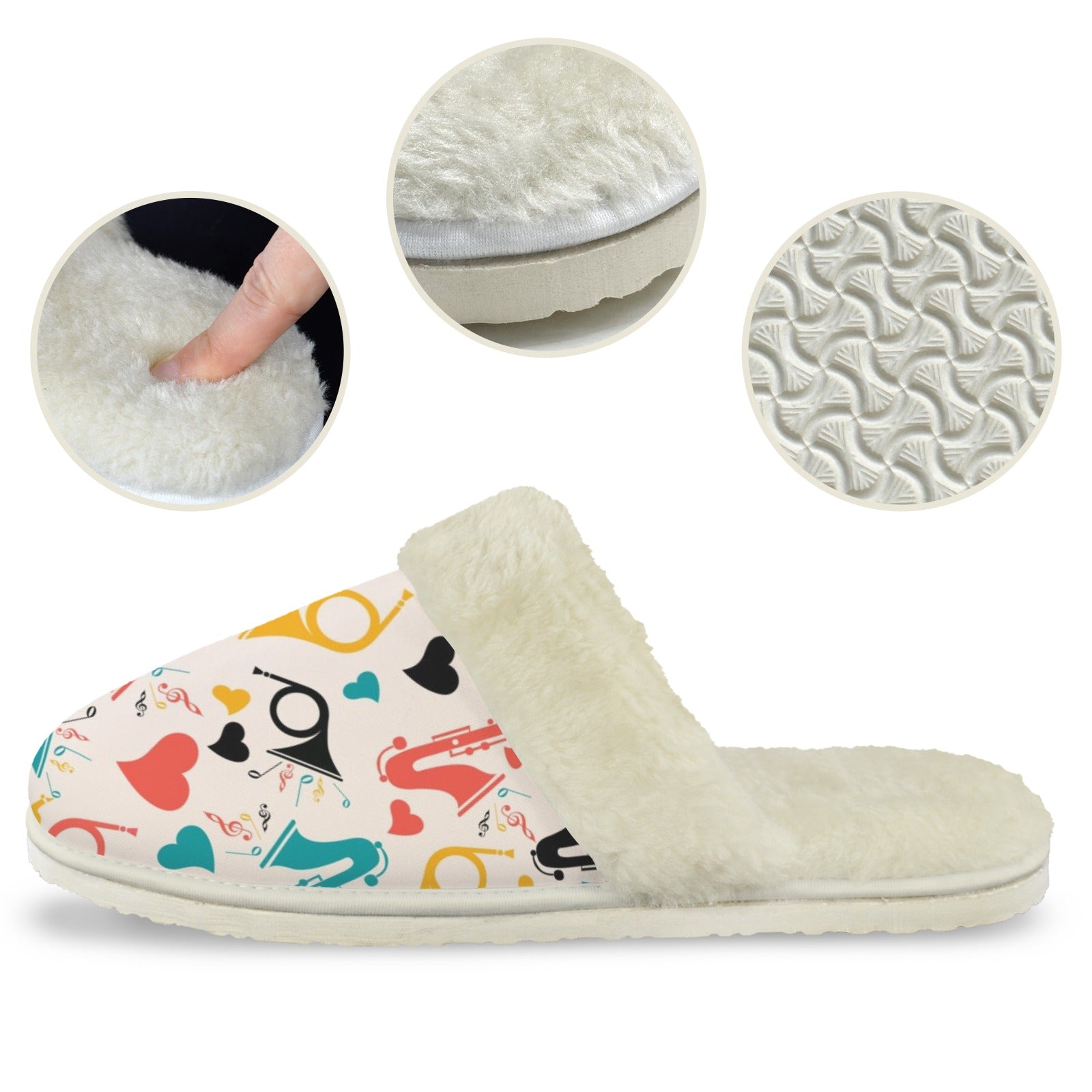 Brass Musical Instruments Women's Fur Trim Thick-Sole Indoor Slippers Women's Fur Trimmed Slippers Music Printed Offshore