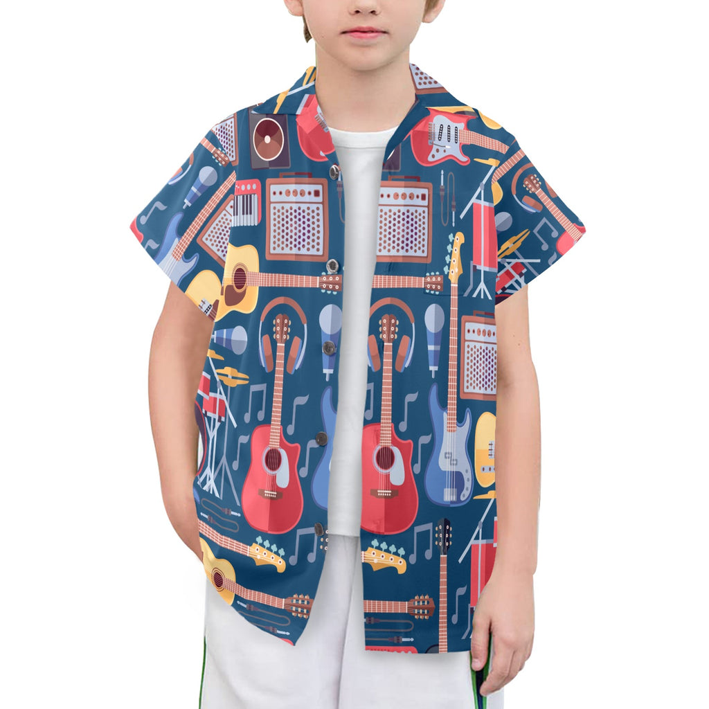 Music Instruments Blue Senior Kids Hawaiian Shirt Senior Kids Hawaiian Shirt 8-15 Music Printed Offshore