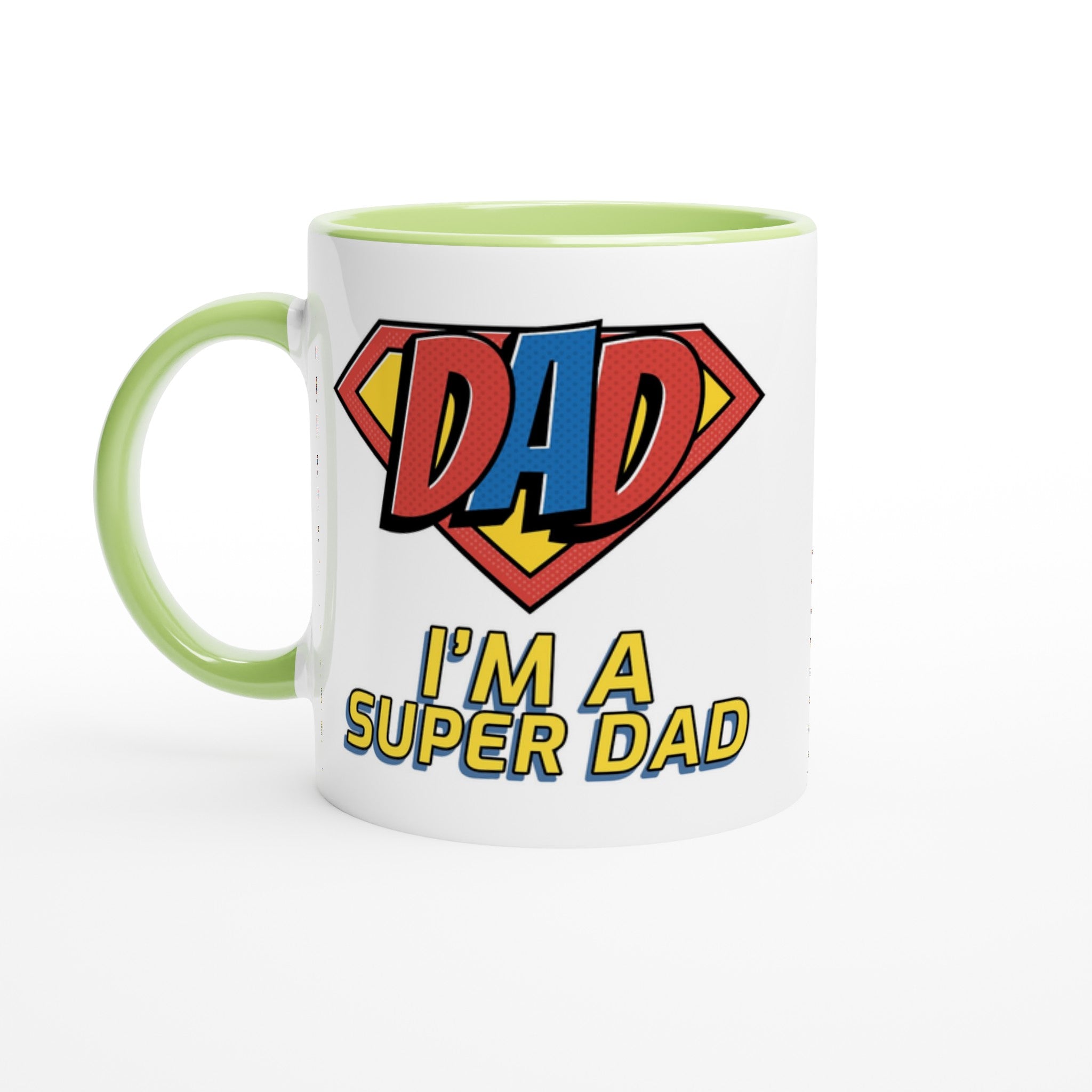 I'm A Super Dad - White 11oz Ceramic Mug with Colour Inside Ceramic Green Colour 11oz Mug comic Dad Globally Fulfilled