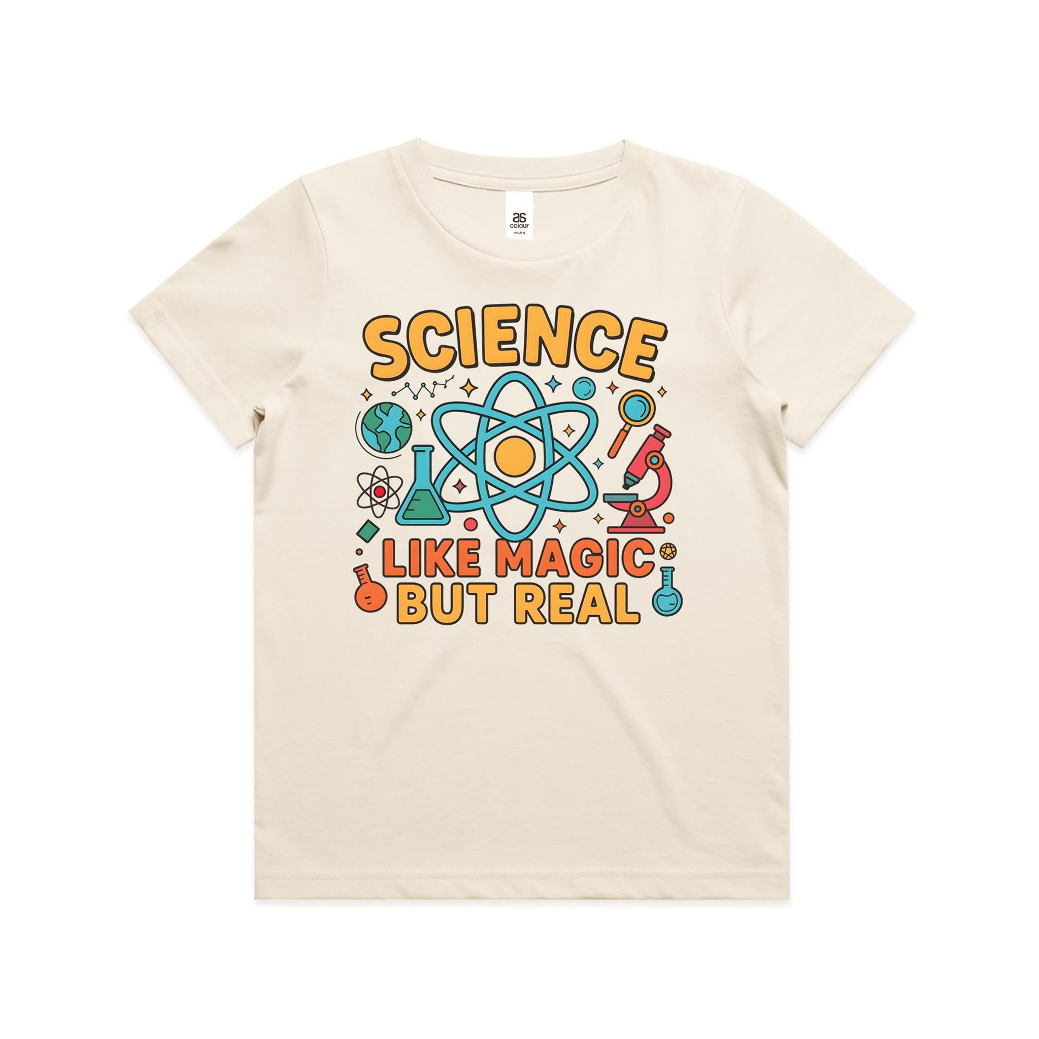 Science, Like Magic But Real Kid's AS Colour T-shirt Ecru Kids Youth T-shirt Printed In Australia Science